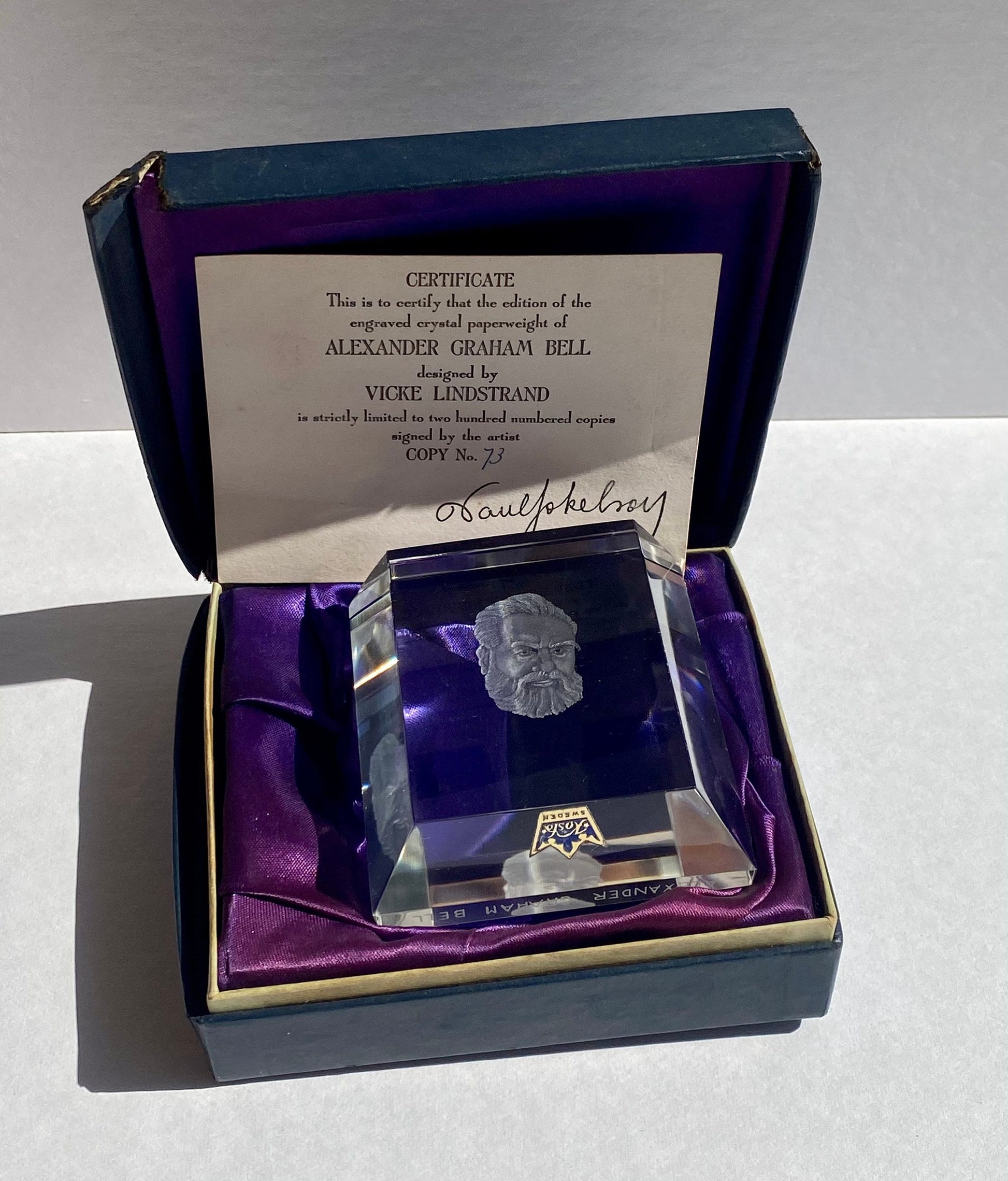 Alexander Graham Bell Engraved Crystal Paperweight by Vickie Lindstrand for Kosta Boda of Sweden No. 73 out of 200