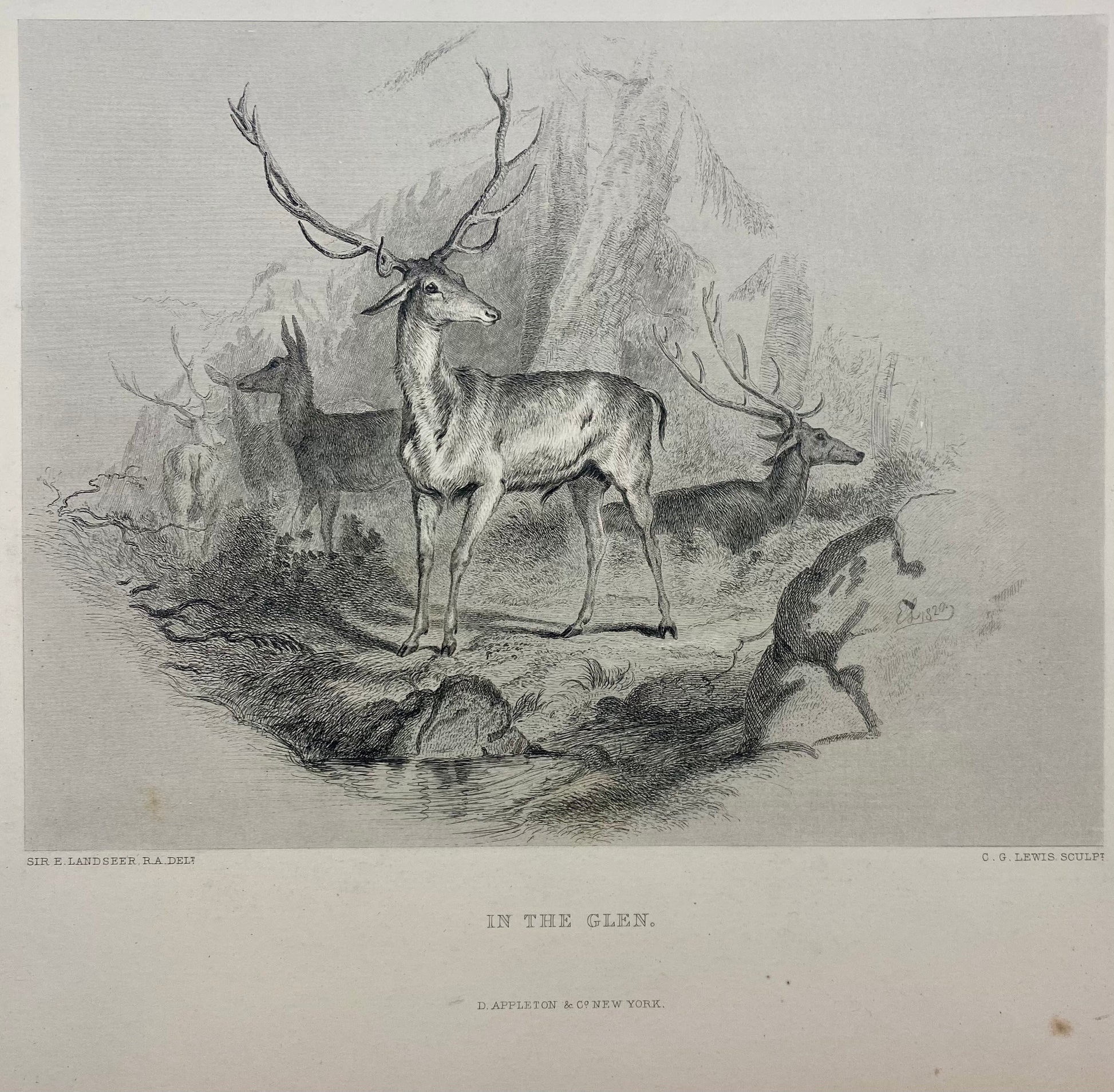 Antique "In the Glen" by Sir Edwin Landseer engraving