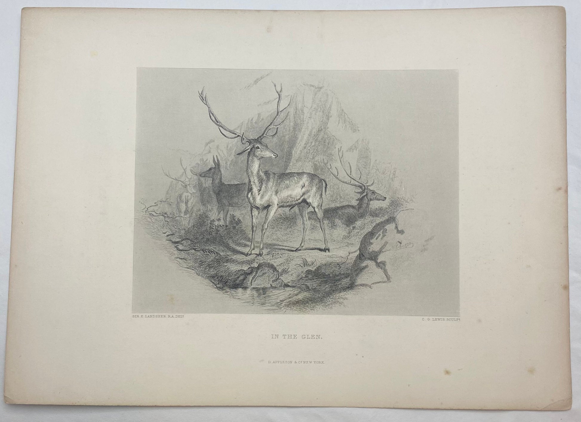 Antique "In the Glen" by Sir Edwin Landseer engraving