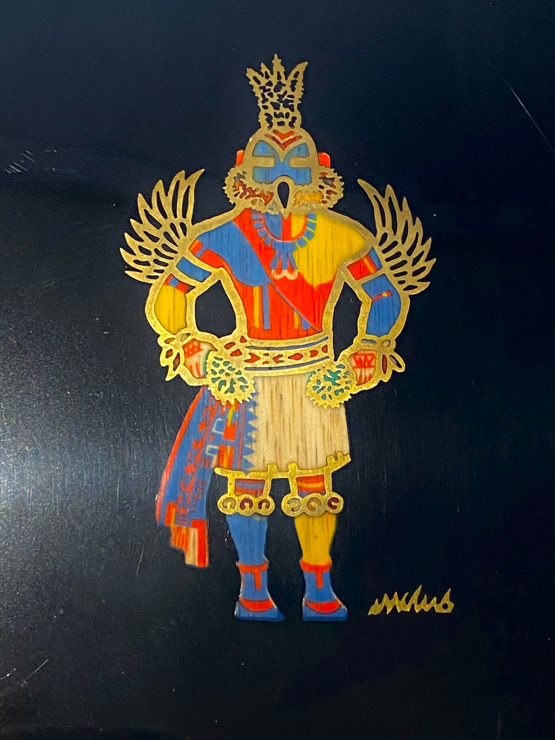 Vintage Mid-Century Lacquer Couroc Tray, Kachina Design, Unique Handcrafted Home Decor Tray