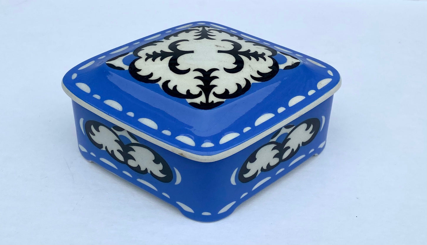 Vintage Cobalt Blue Diamond Ceramic Box, Decorative Trinket Box, Jewelry Storage, Home Decor Accent