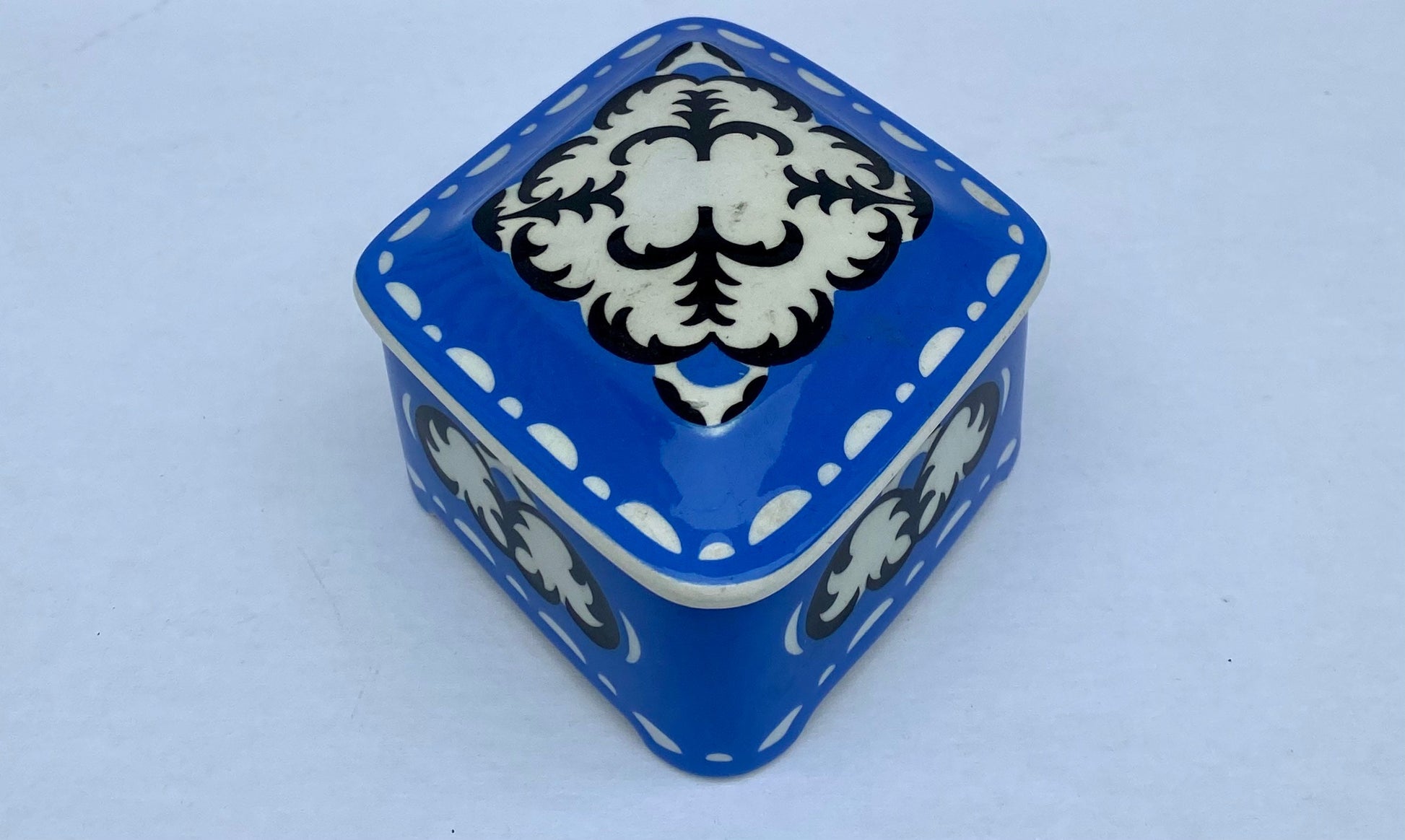 Vintage Cobalt Blue Diamond Ceramic Box, Decorative Trinket Box, Jewelry Storage, Home Decor Accent