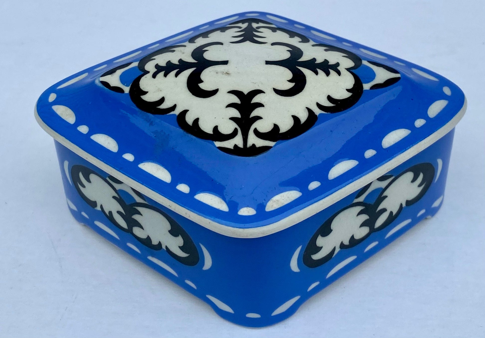 Vintage Cobalt Blue Diamond Ceramic Box, Decorative Trinket Box, Jewelry Storage, Home Decor Accent