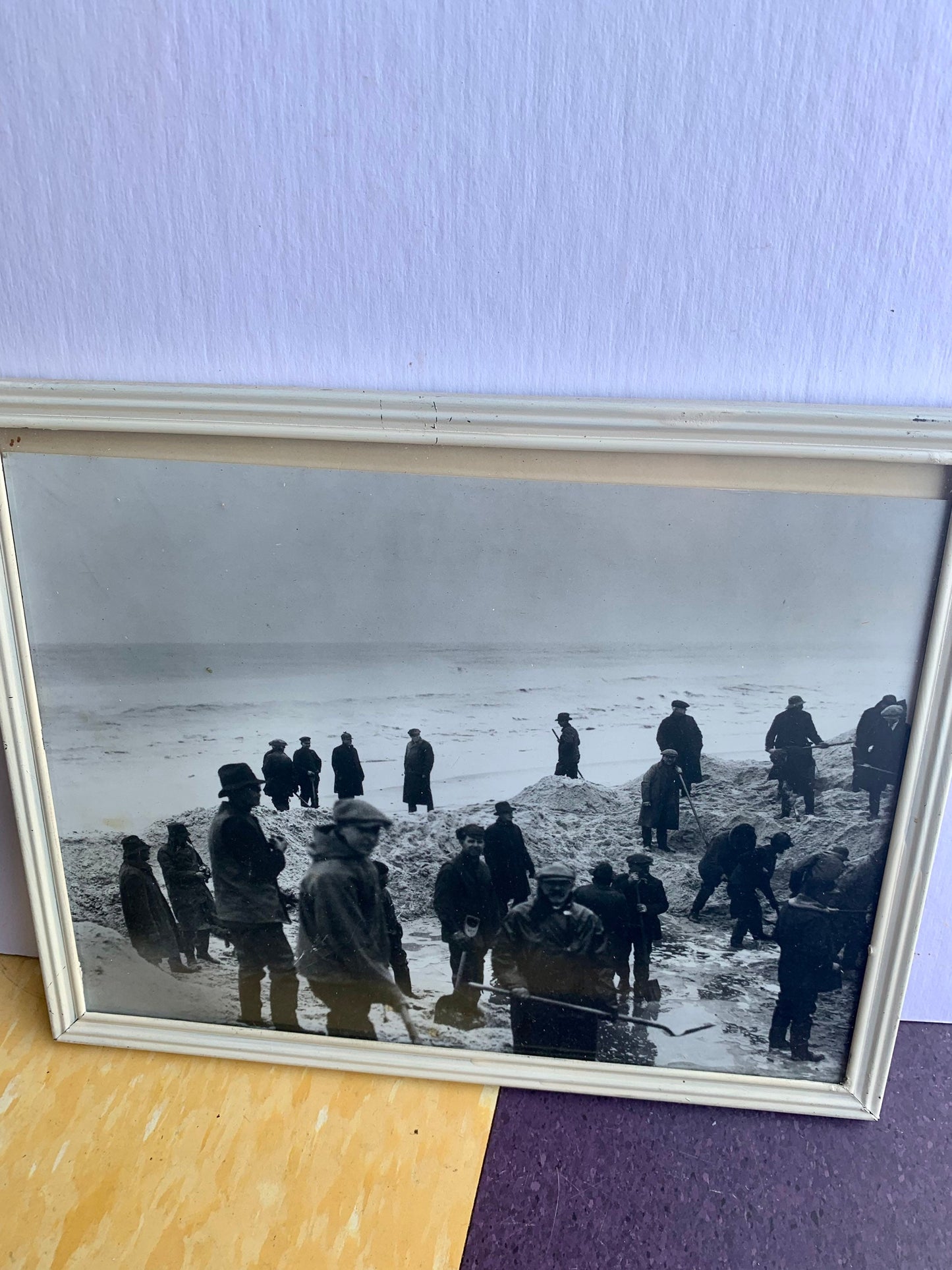 Vintage Black & White Photograph of Men at Work on Beach