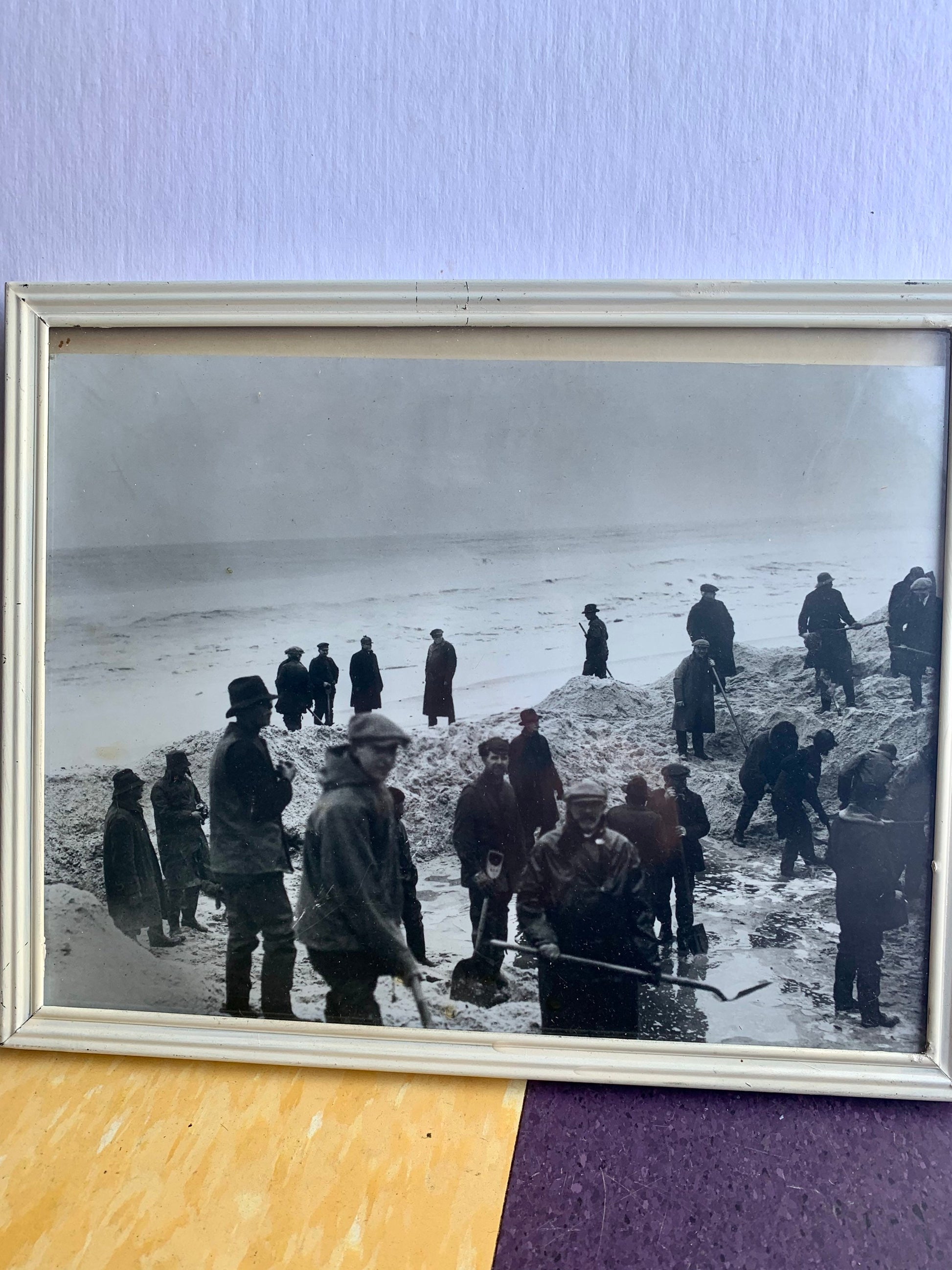 Vintage Black & White Photograph of Men at Work on Beach