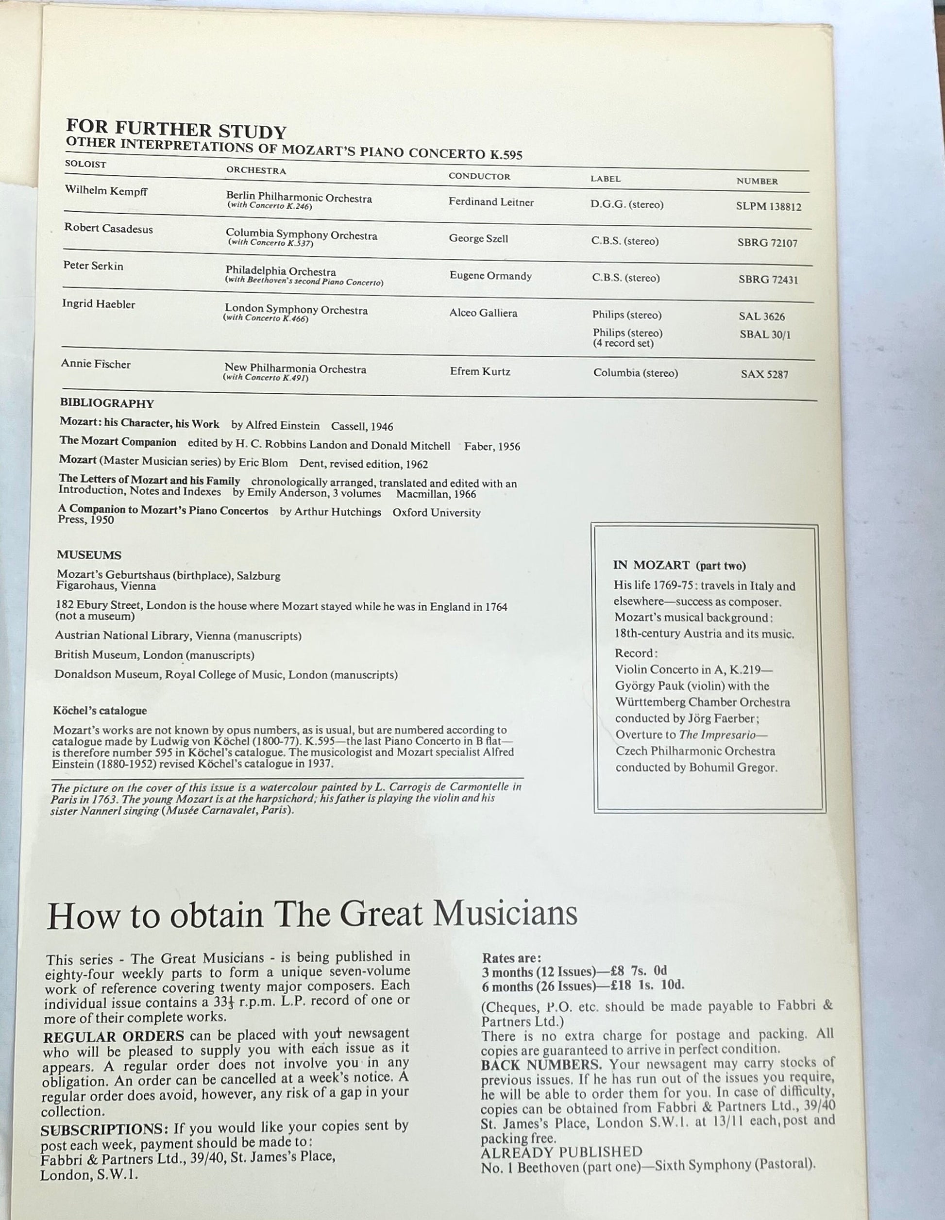 Mozart Part 1 The Great Musicians Study of Music enclosed with Record