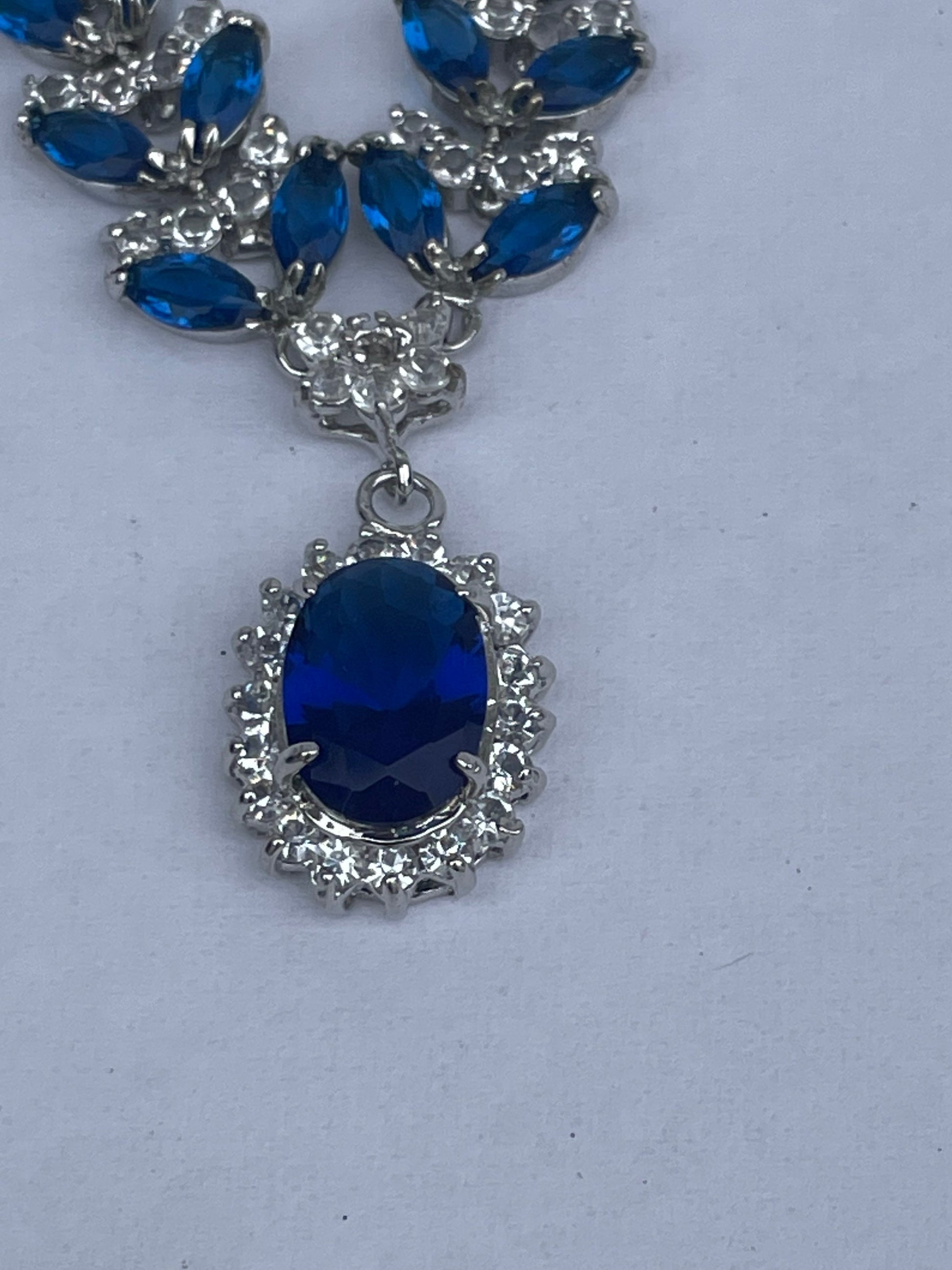 Vintage Oval Blue Sapphire and Diamond Necklace - 14k White Gold