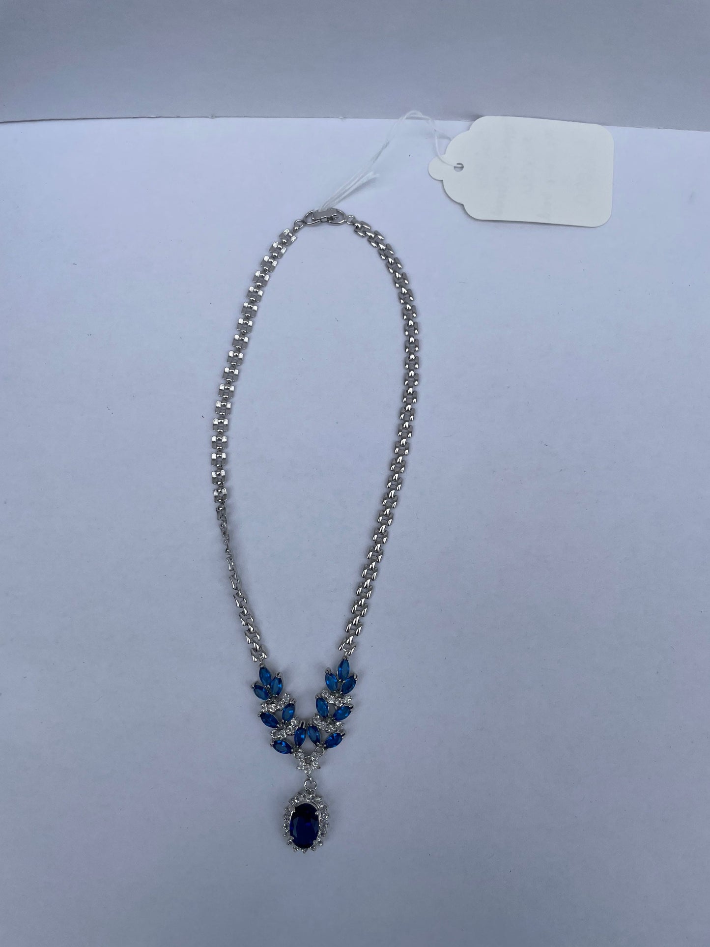 Vintage Oval Blue Sapphire and Diamond Necklace - 14k White Gold