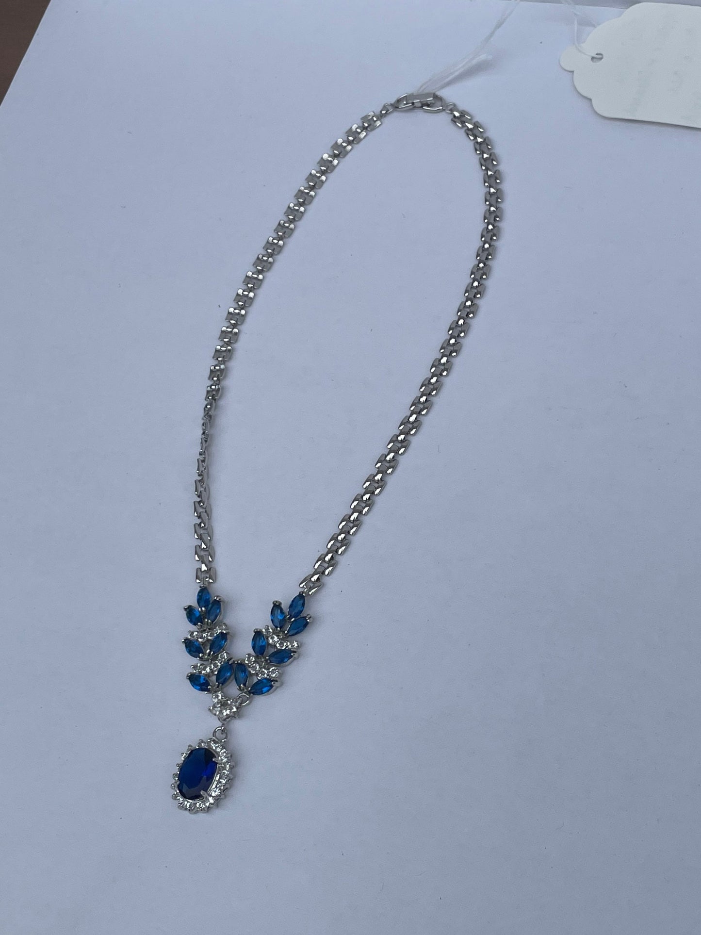 Vintage Oval Blue Sapphire and Diamond Necklace - 14k White Gold