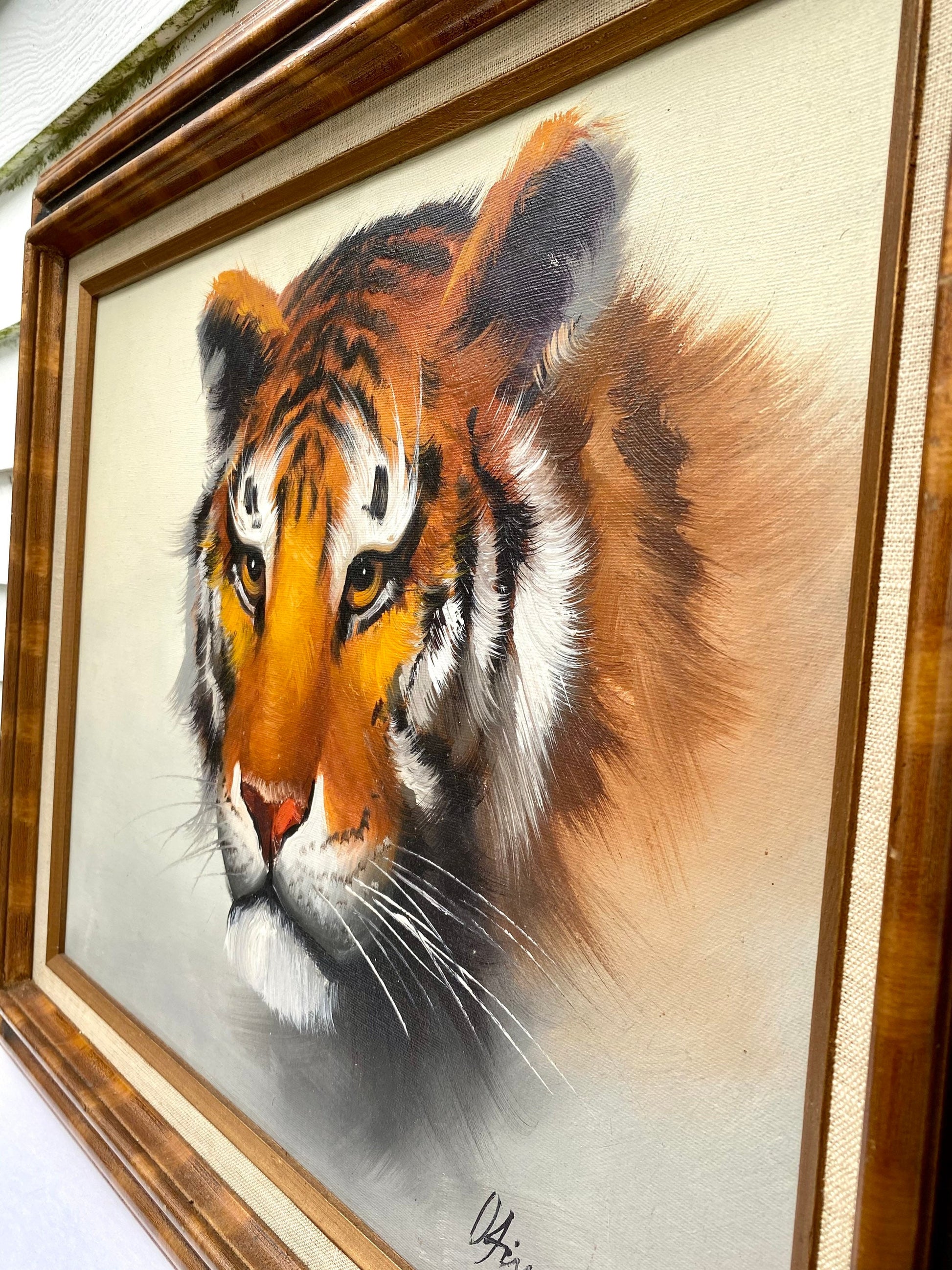 Vintage Tiger Oil Painting in Antique Frame, Wildlife Art, Wall Decor, Vintage Home Decor, Animal Lover Gift