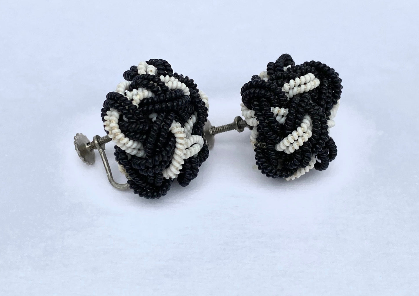 Vintage Beaded Black and White Earrings handmade in Japan