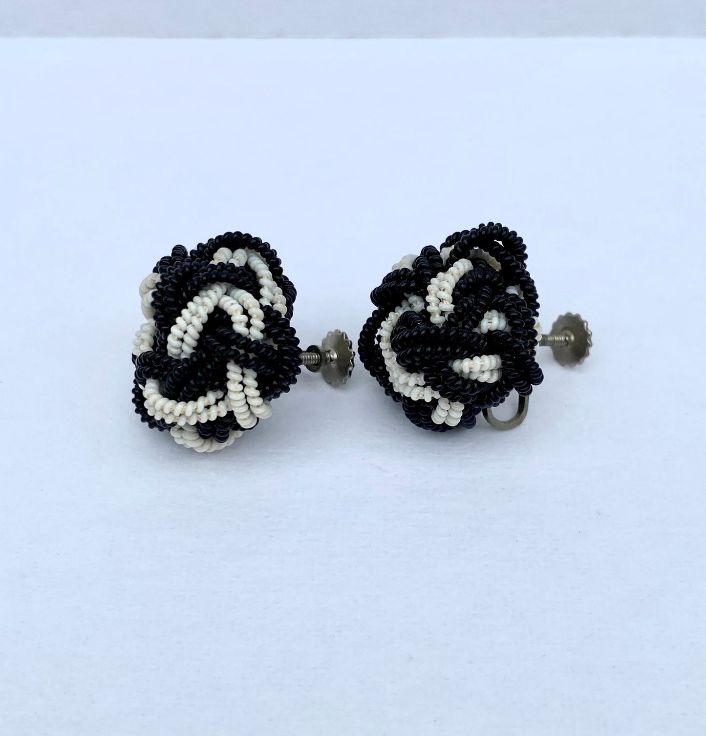 Vintage Beaded Black and White Earrings handmade in Japan