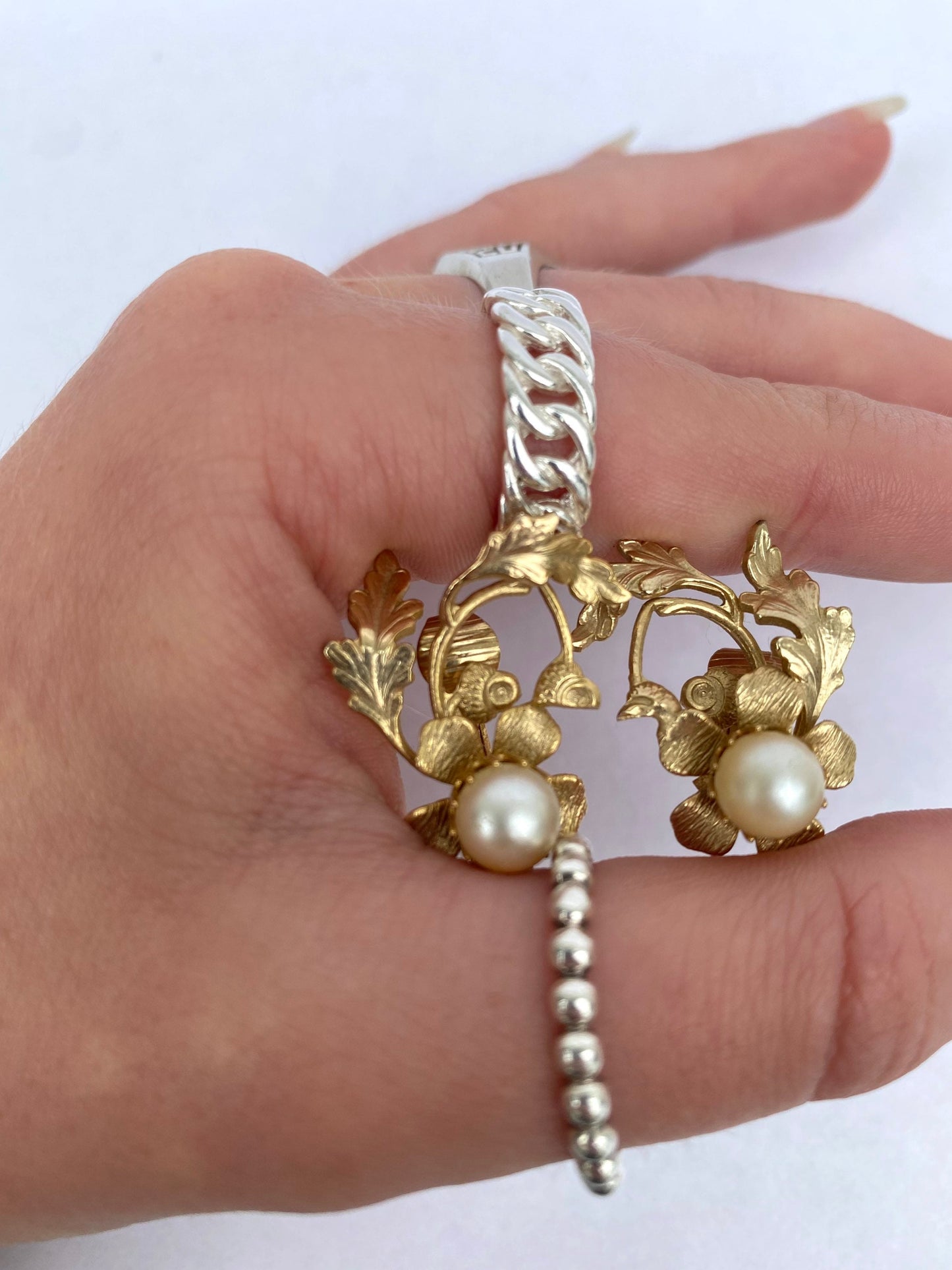 Ornate Floral Gold Tone and Pearl Earrings