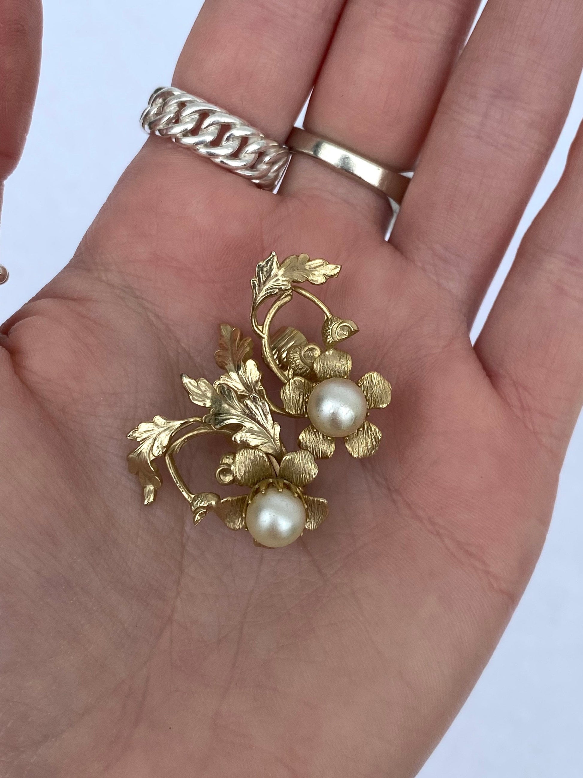 Ornate Floral Gold Tone and Pearl Earrings