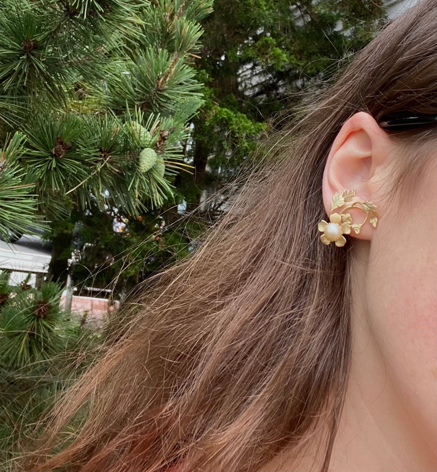 Ornate Floral Gold Tone and Pearl Earrings