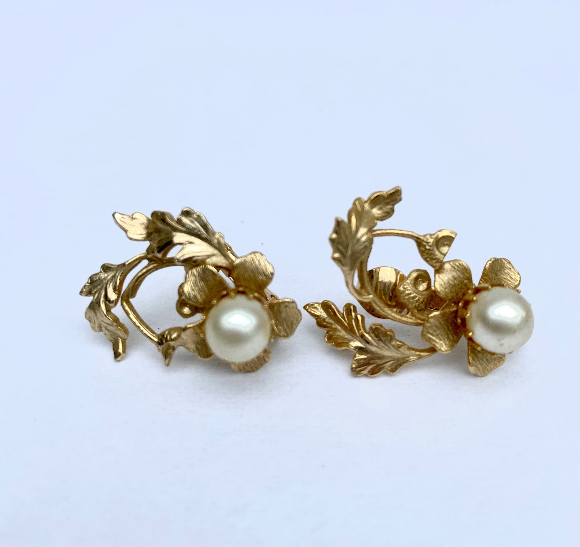 Ornate Floral Gold Tone and Pearl Earrings