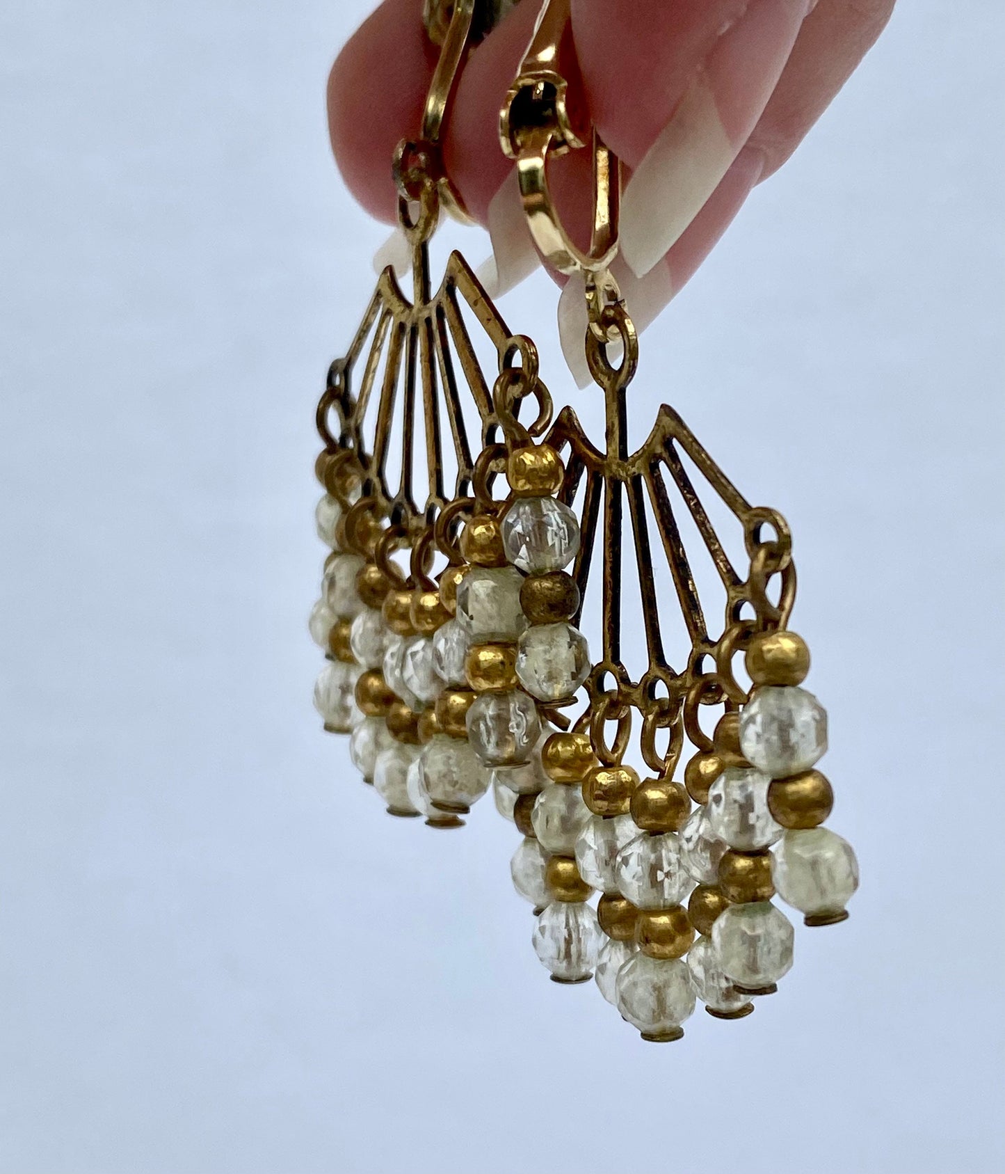 Vintage Beaded White and Gold Dangly Earrings