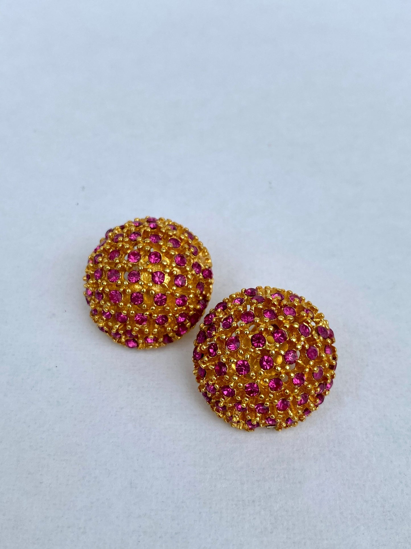 Vintage Pink Jeweled Yellow Gold Tone Earrings