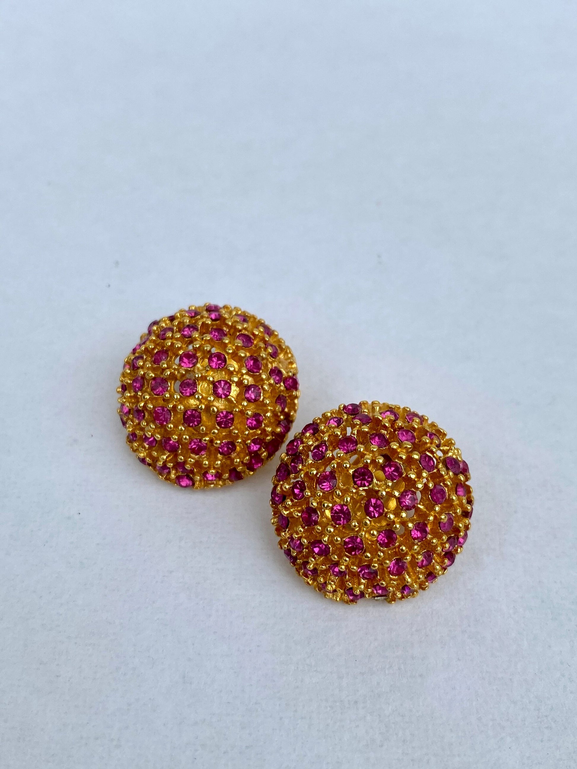 Vintage Pink Jeweled Yellow Gold Tone Earrings