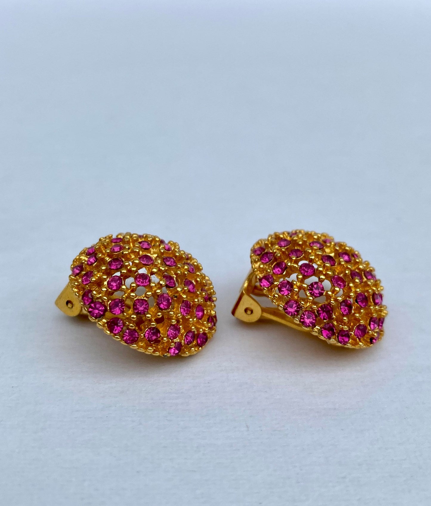 Vintage Pink Jeweled Yellow Gold Tone Earrings