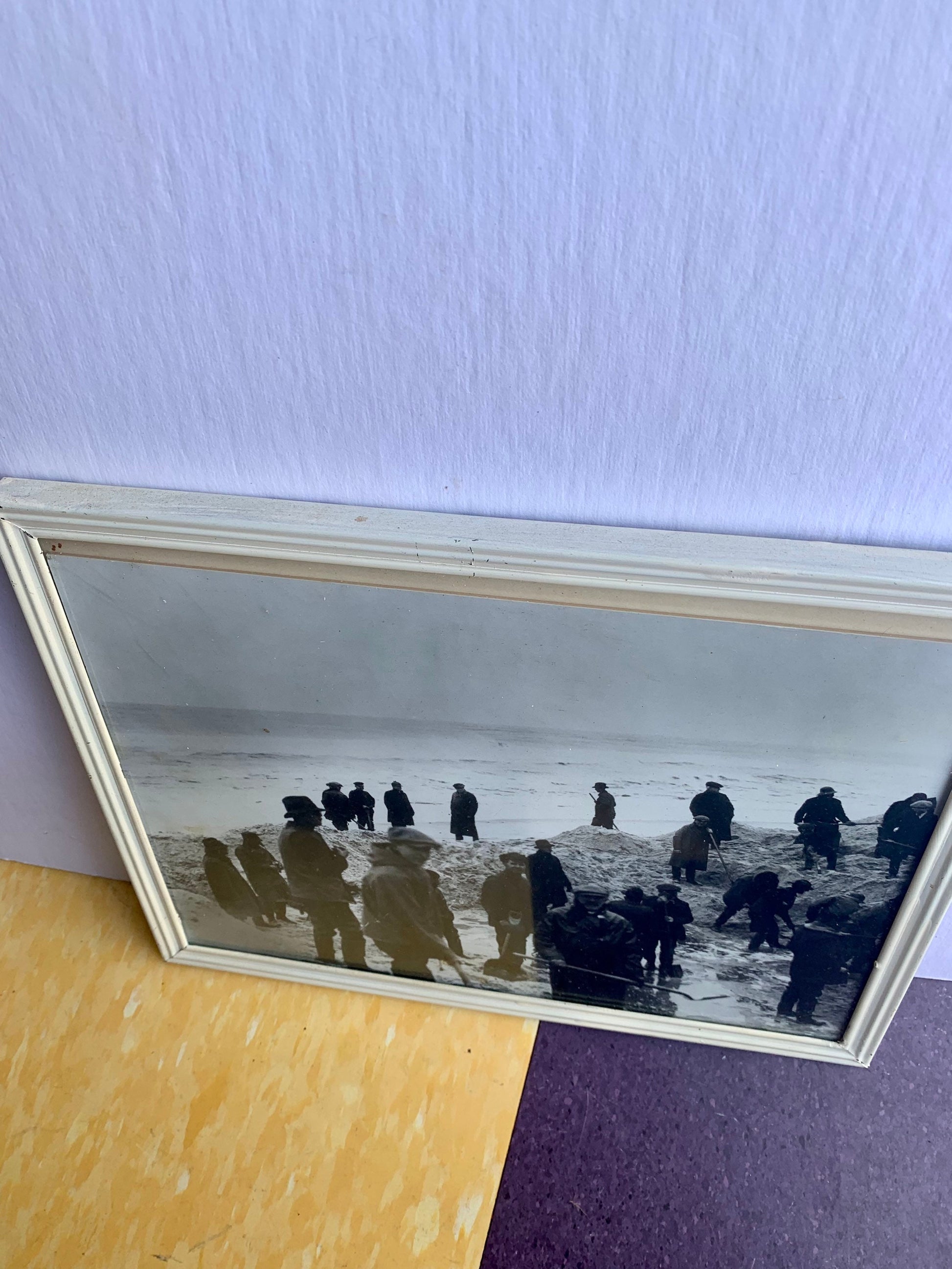 Vintage Black & White Photograph of Men at Work on Beach