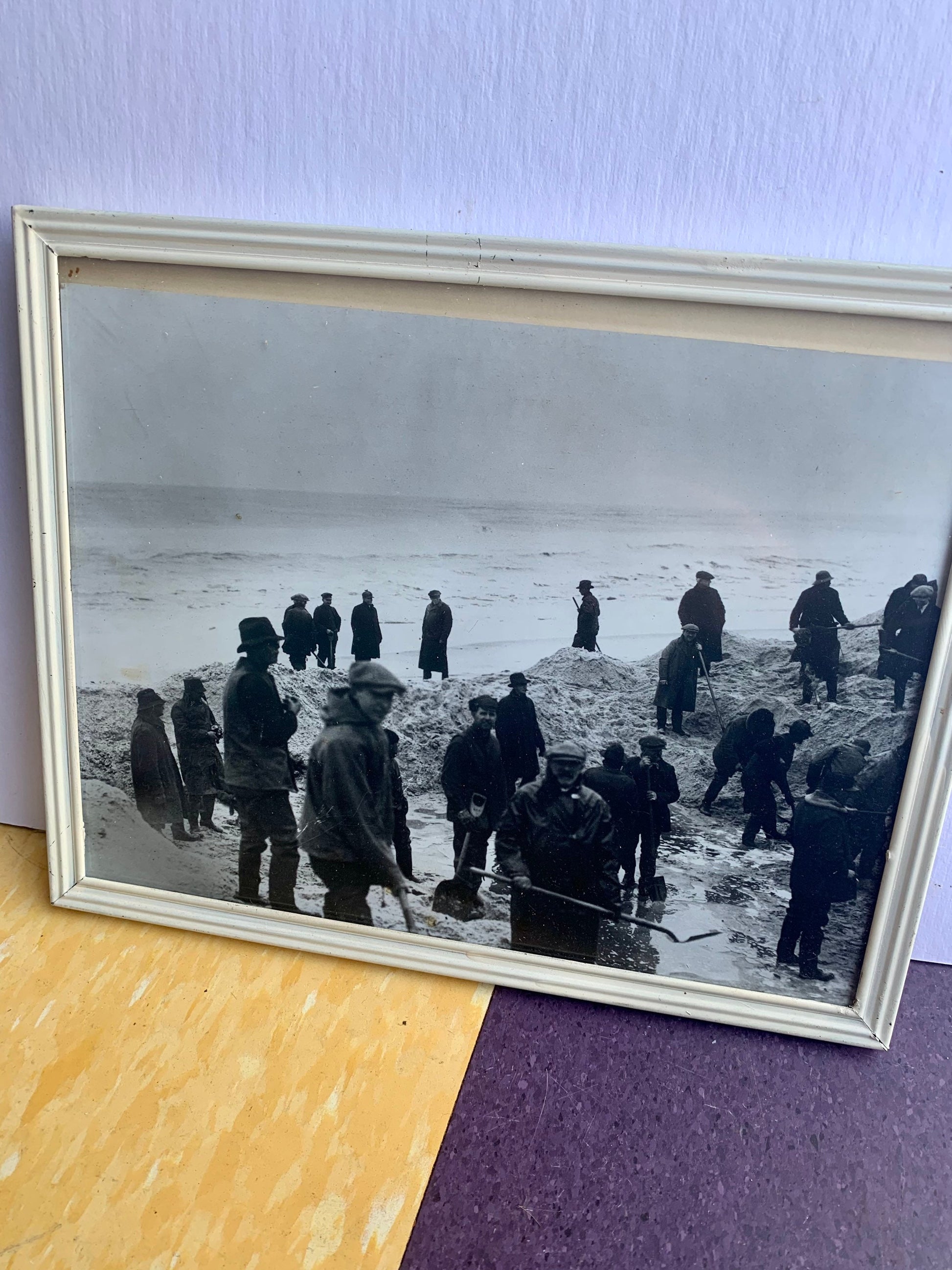 Vintage Black & White Photograph of Men at Work on Beach