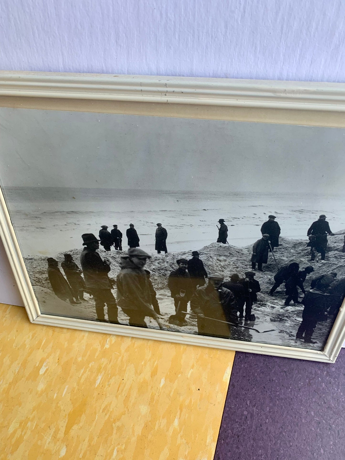 Vintage Black & White Photograph of Men at Work on Beach