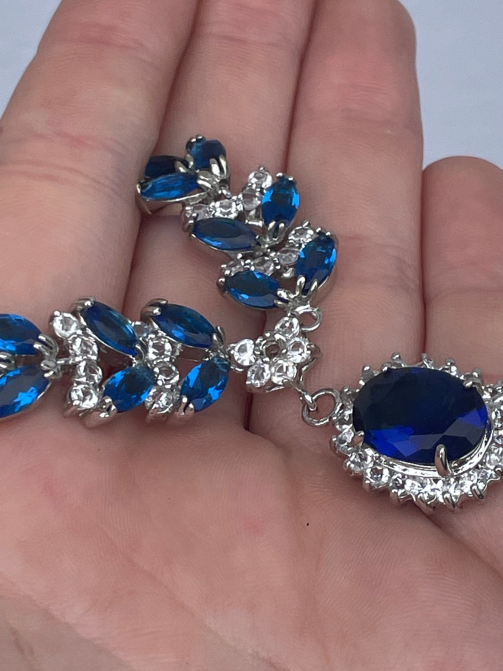 Vintage Oval Blue Sapphire and Diamond Necklace - 14k White Gold