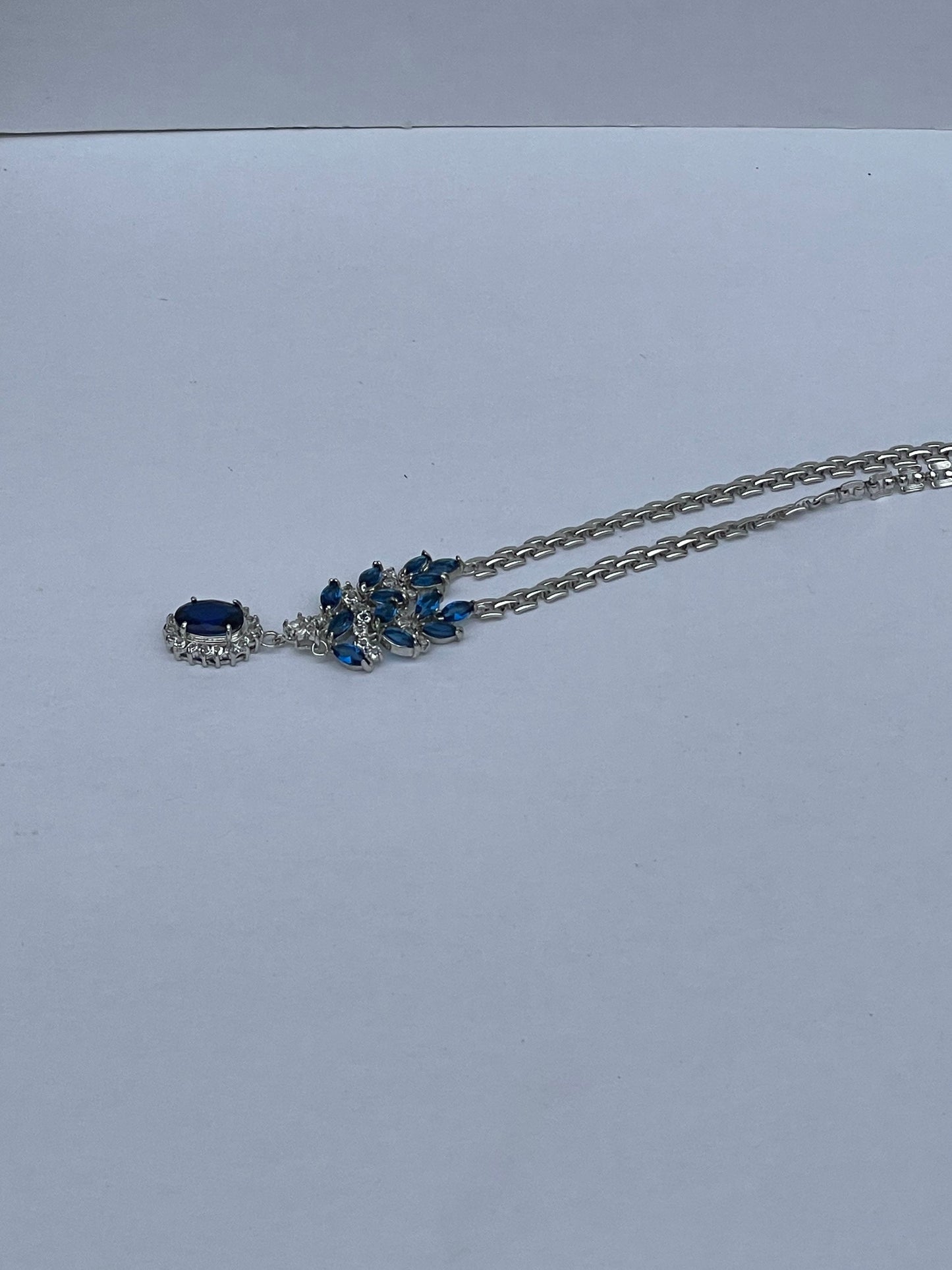 Vintage Oval Blue Sapphire and Diamond Necklace - 14k White Gold