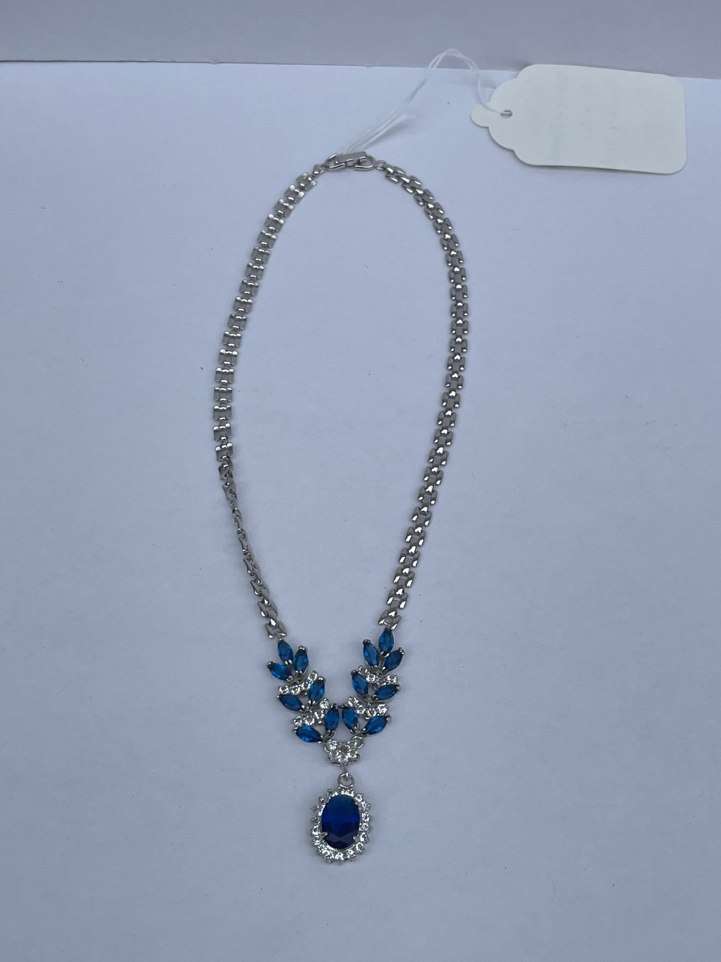 Vintage Oval Blue Sapphire and Diamond Necklace - 14k White Gold