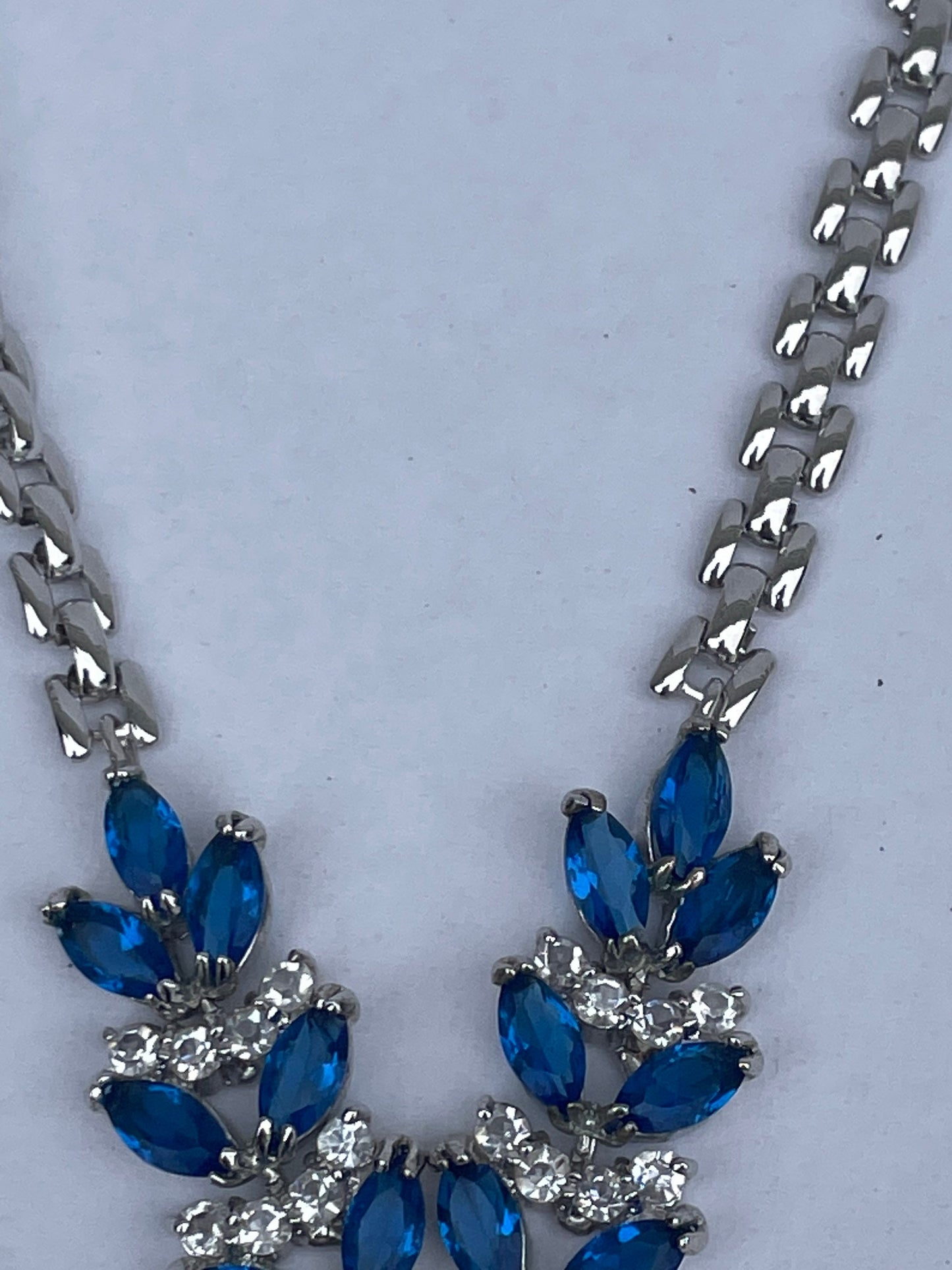 Vintage Oval Blue Sapphire and Diamond Necklace - 14k White Gold