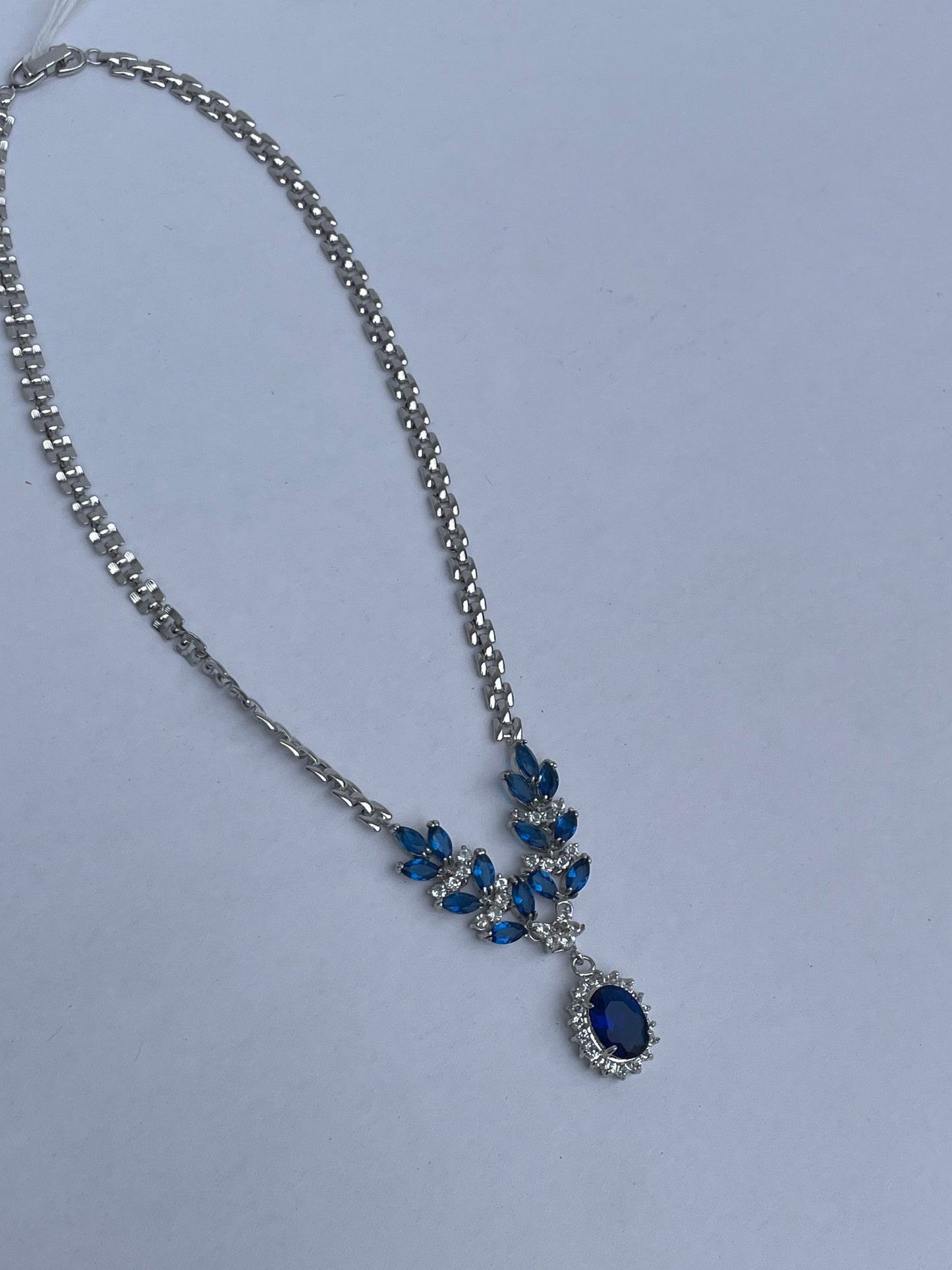 Vintage Oval Blue Sapphire and Diamond Necklace - 14k White Gold