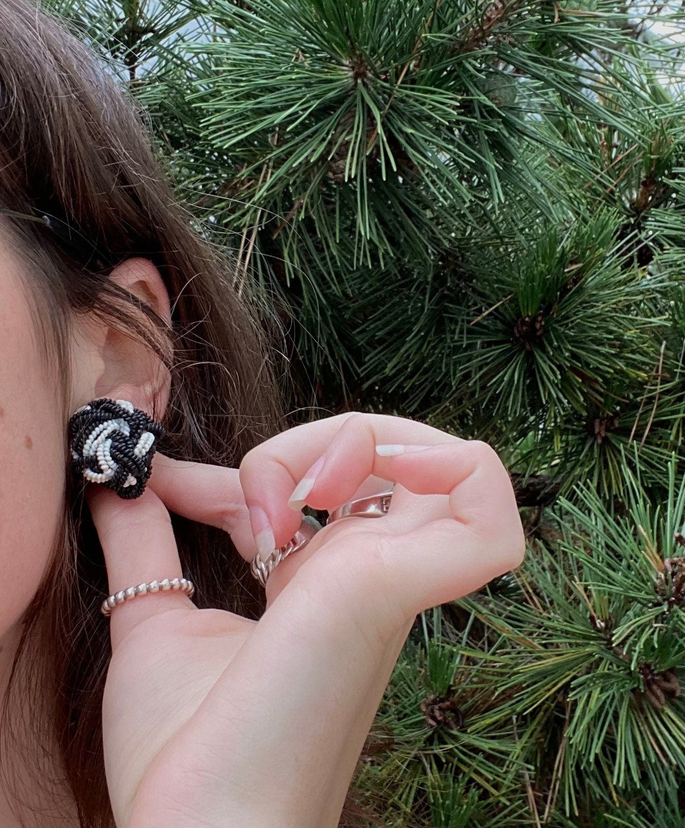 Vintage Beaded Black and White Earrings handmade in Japan