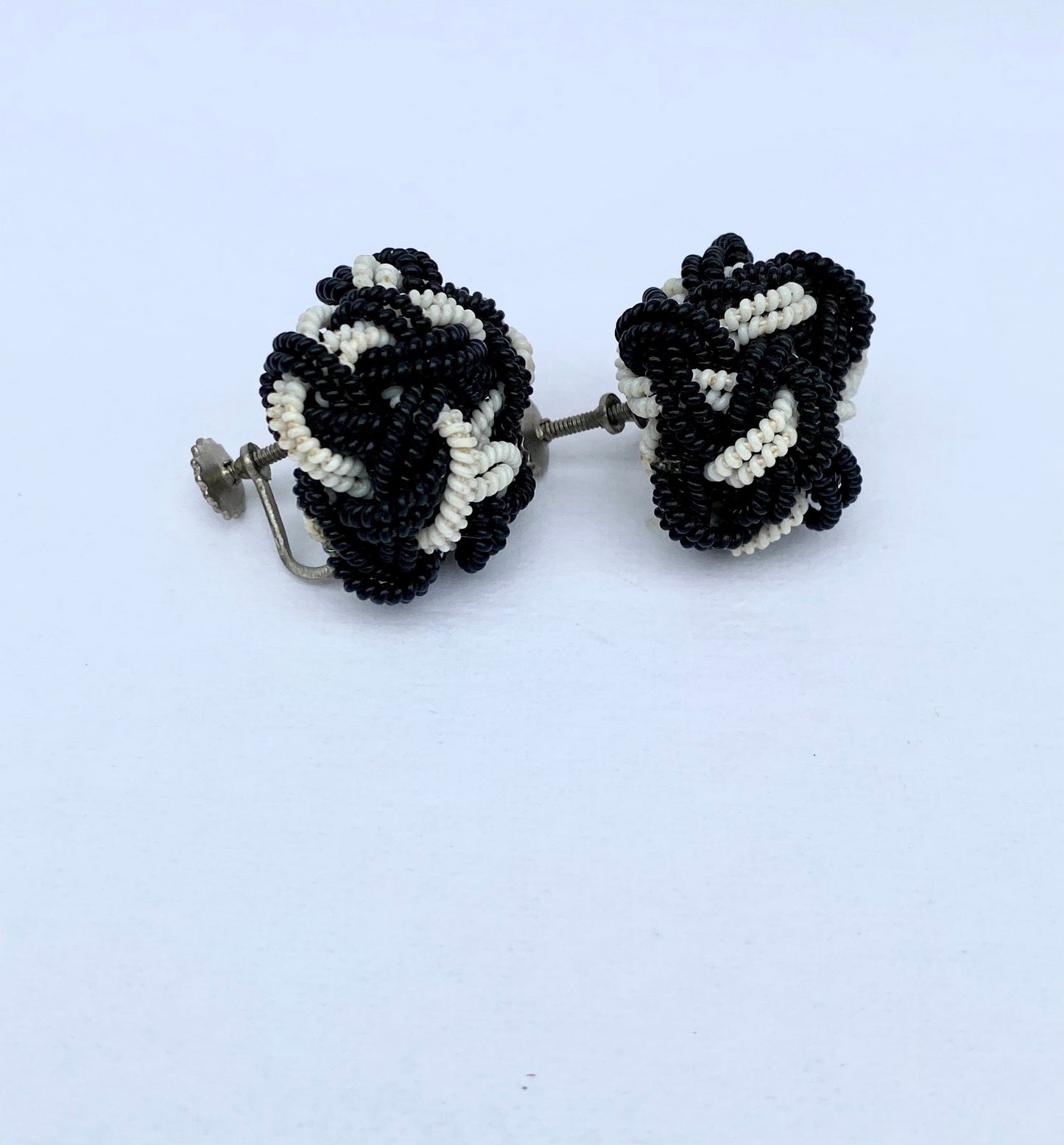 Vintage Beaded Black and White Earrings handmade in Japan