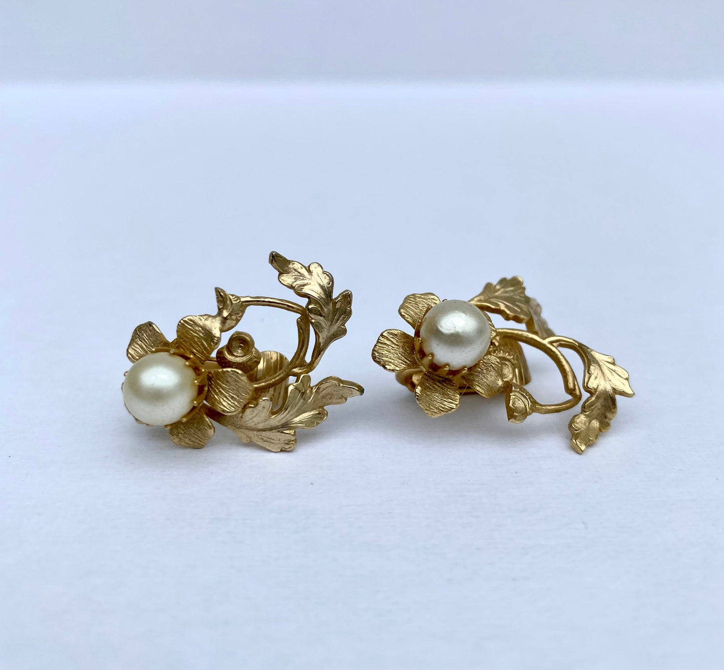 Ornate Floral Gold Tone and Pearl Earrings