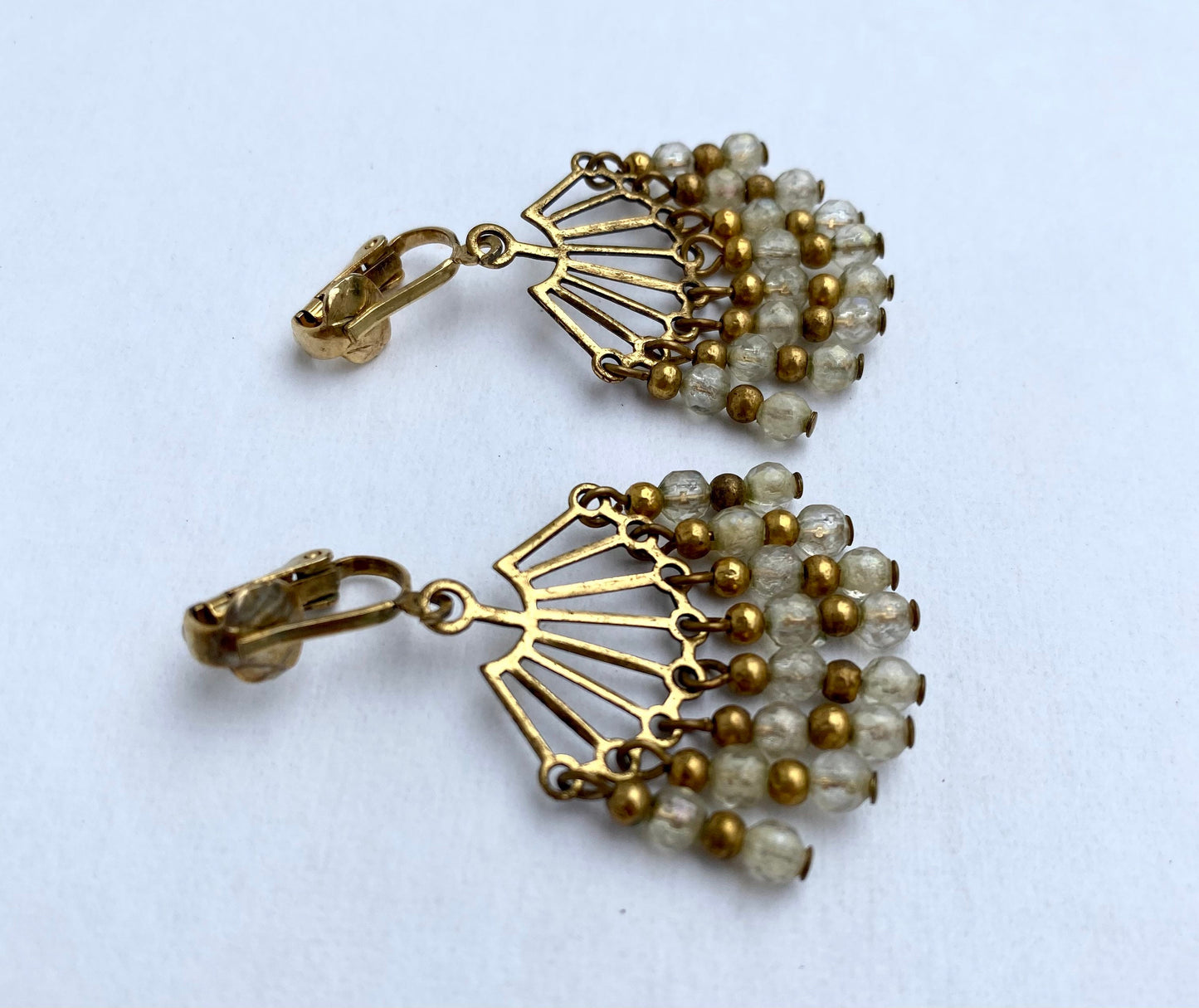 Vintage Beaded White and Gold Dangly Earrings