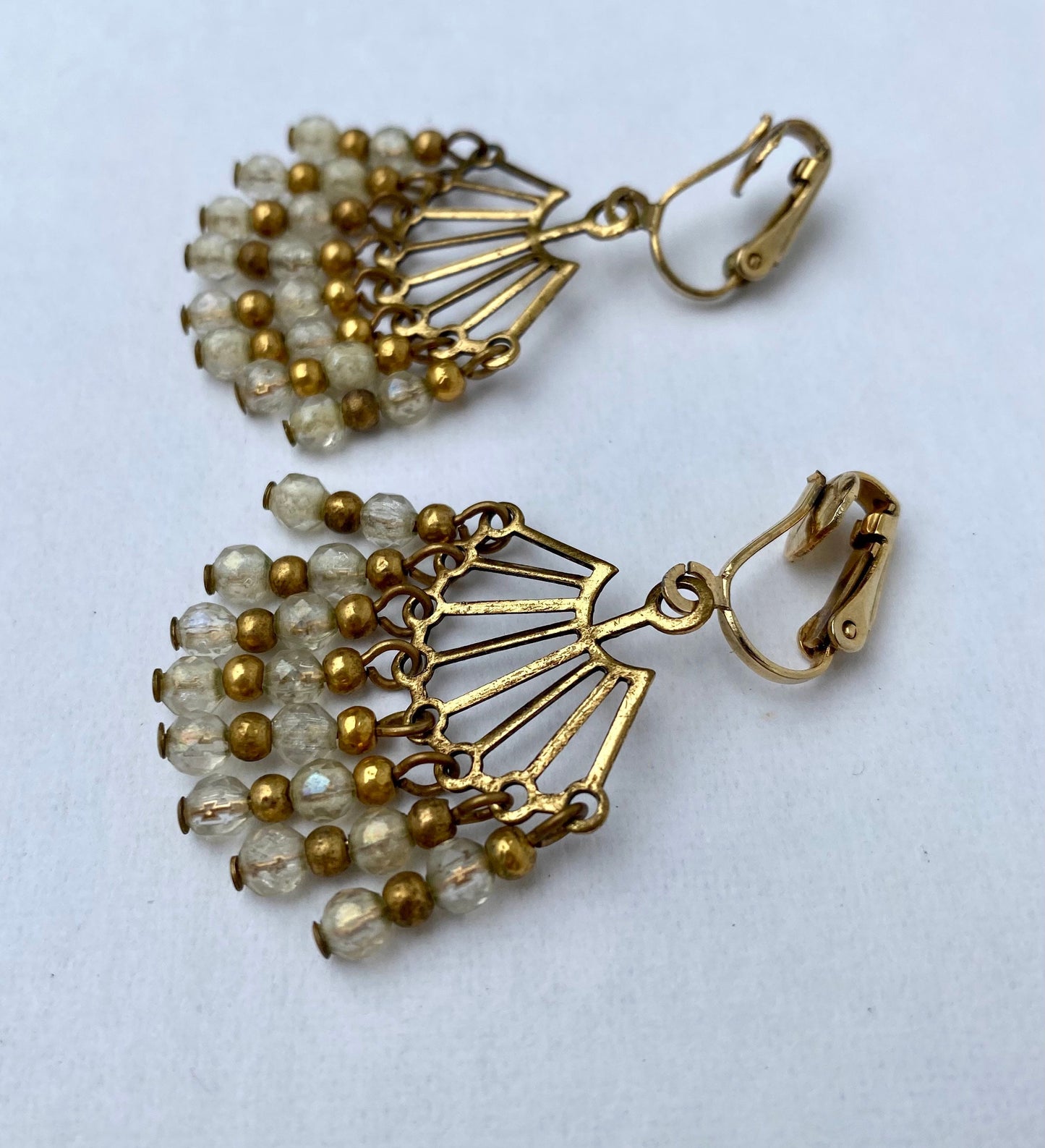 Vintage Beaded White and Gold Dangly Earrings