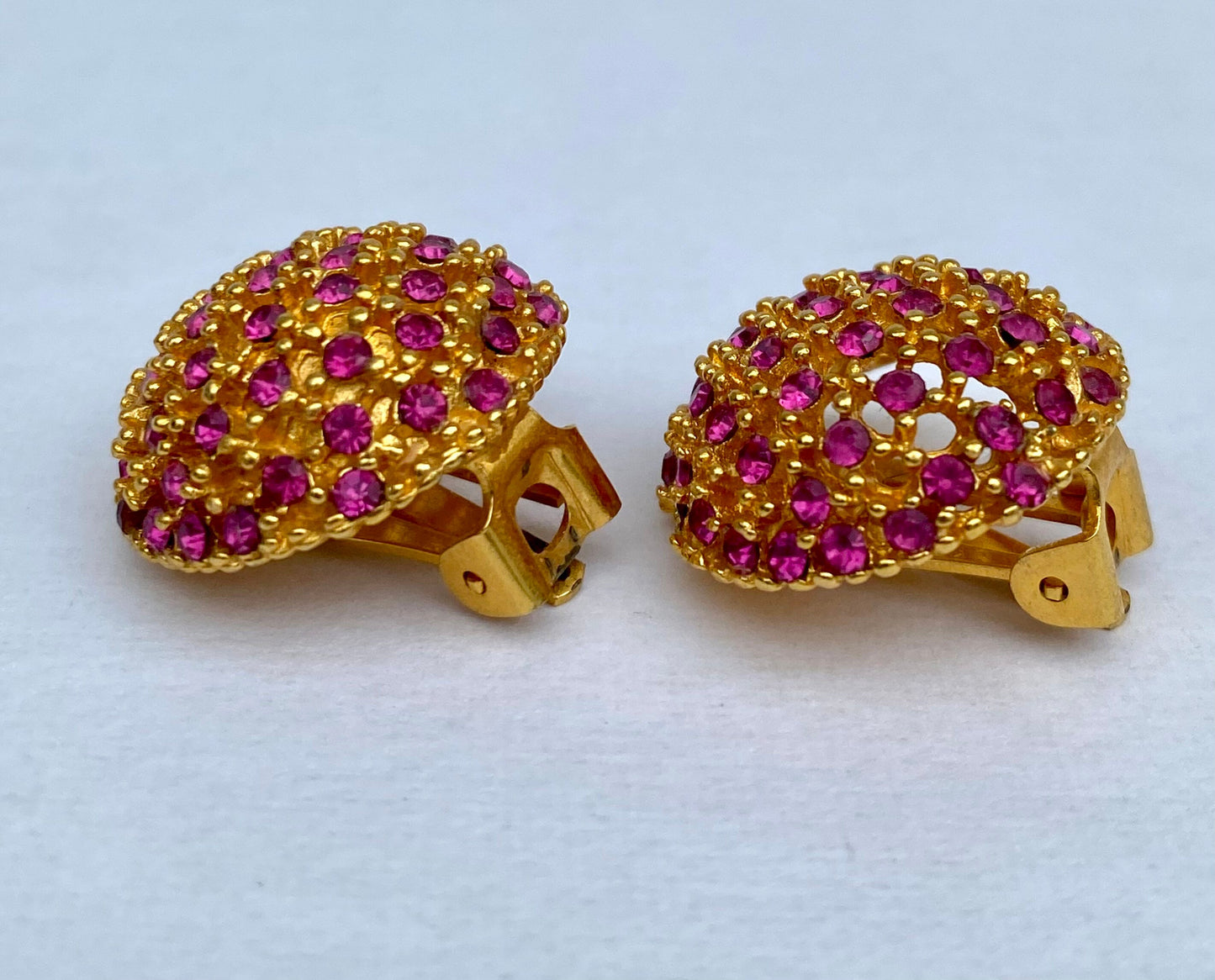 Vintage Pink Jeweled Yellow Gold Tone Earrings