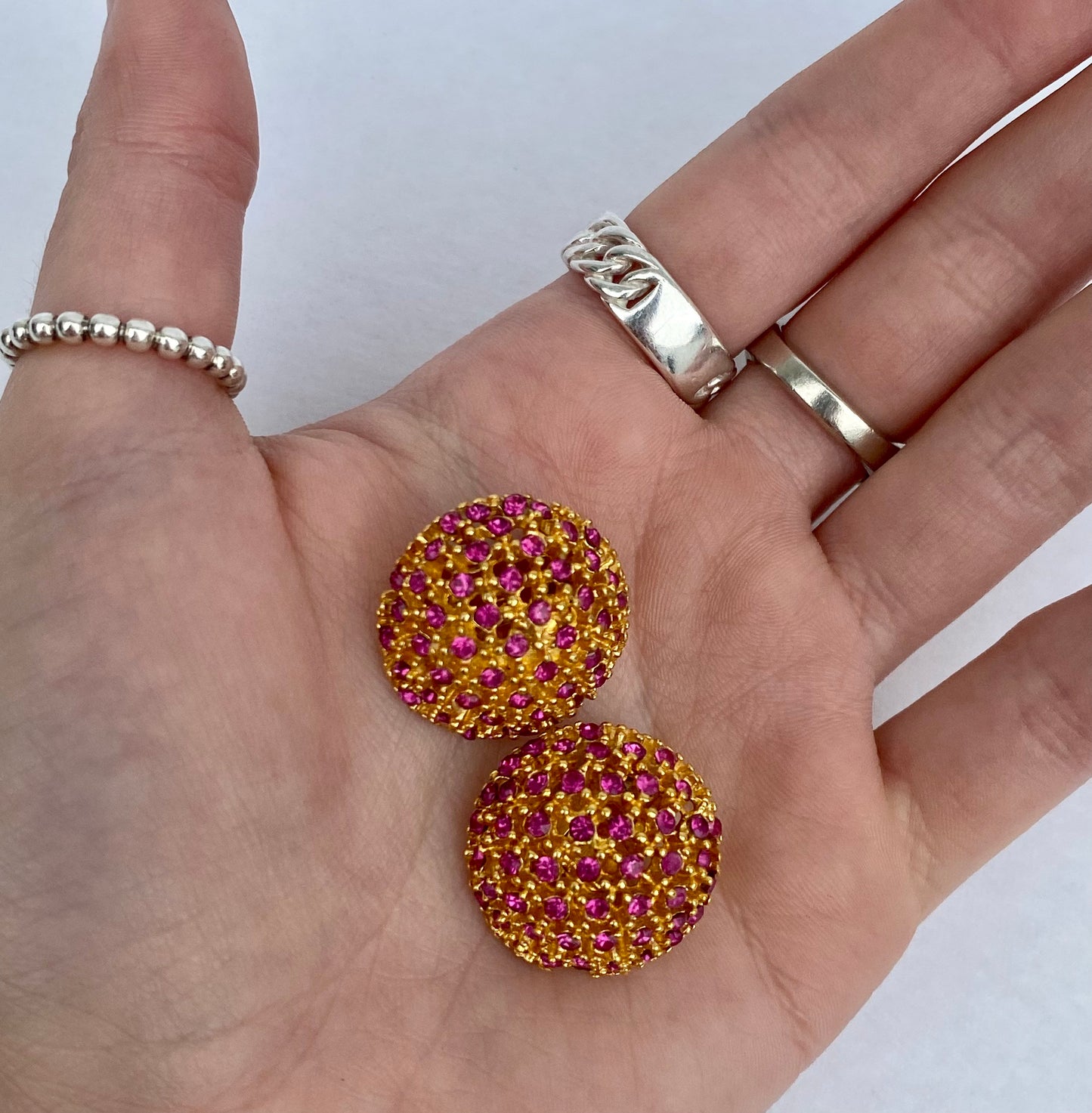 Vintage Pink Jeweled Yellow Gold Tone Earrings