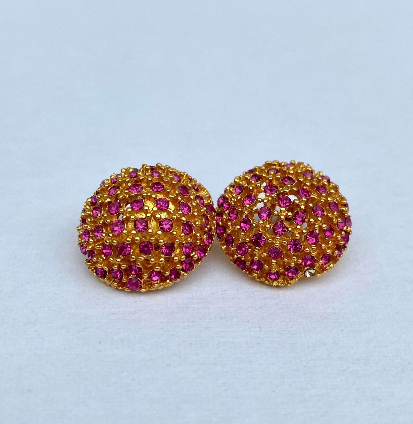 Vintage Pink Jeweled Yellow Gold Tone Earrings