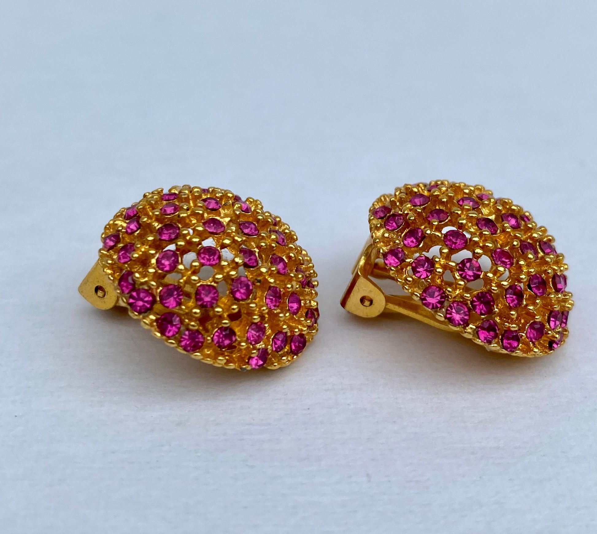 Vintage Pink Jeweled Yellow Gold Tone Earrings