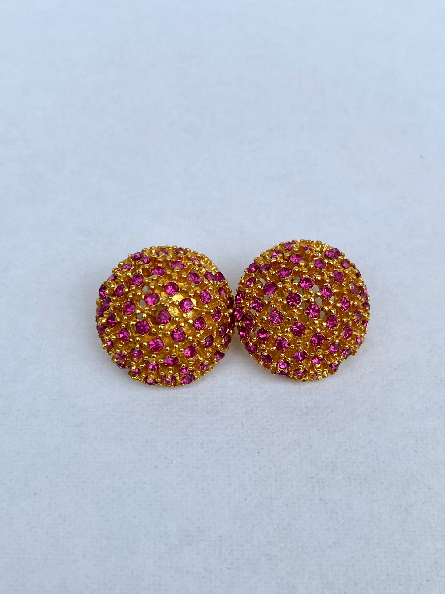 Vintage Pink Jeweled Yellow Gold Tone Earrings