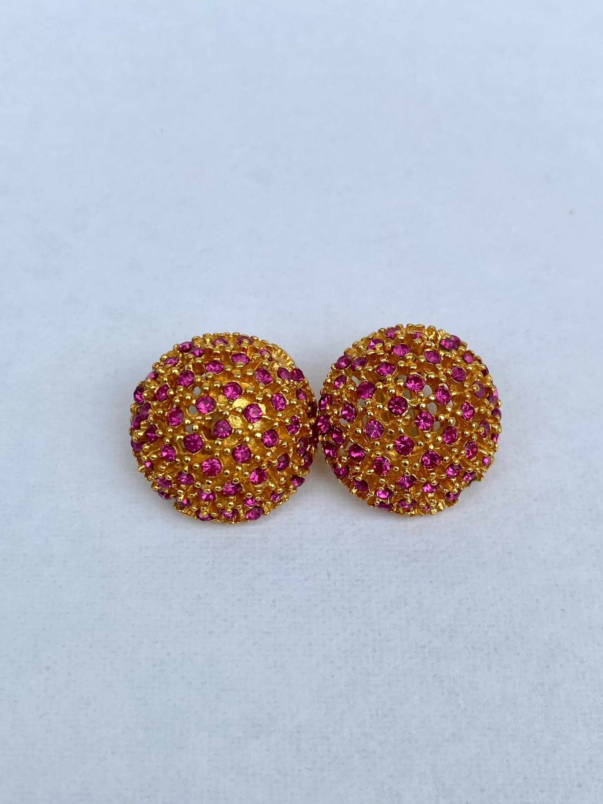 Vintage Pink Jeweled Yellow Gold Tone Earrings