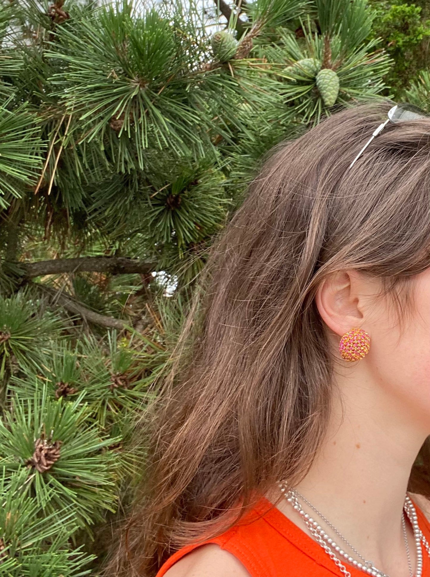Vintage Pink Jeweled Yellow Gold Tone Earrings