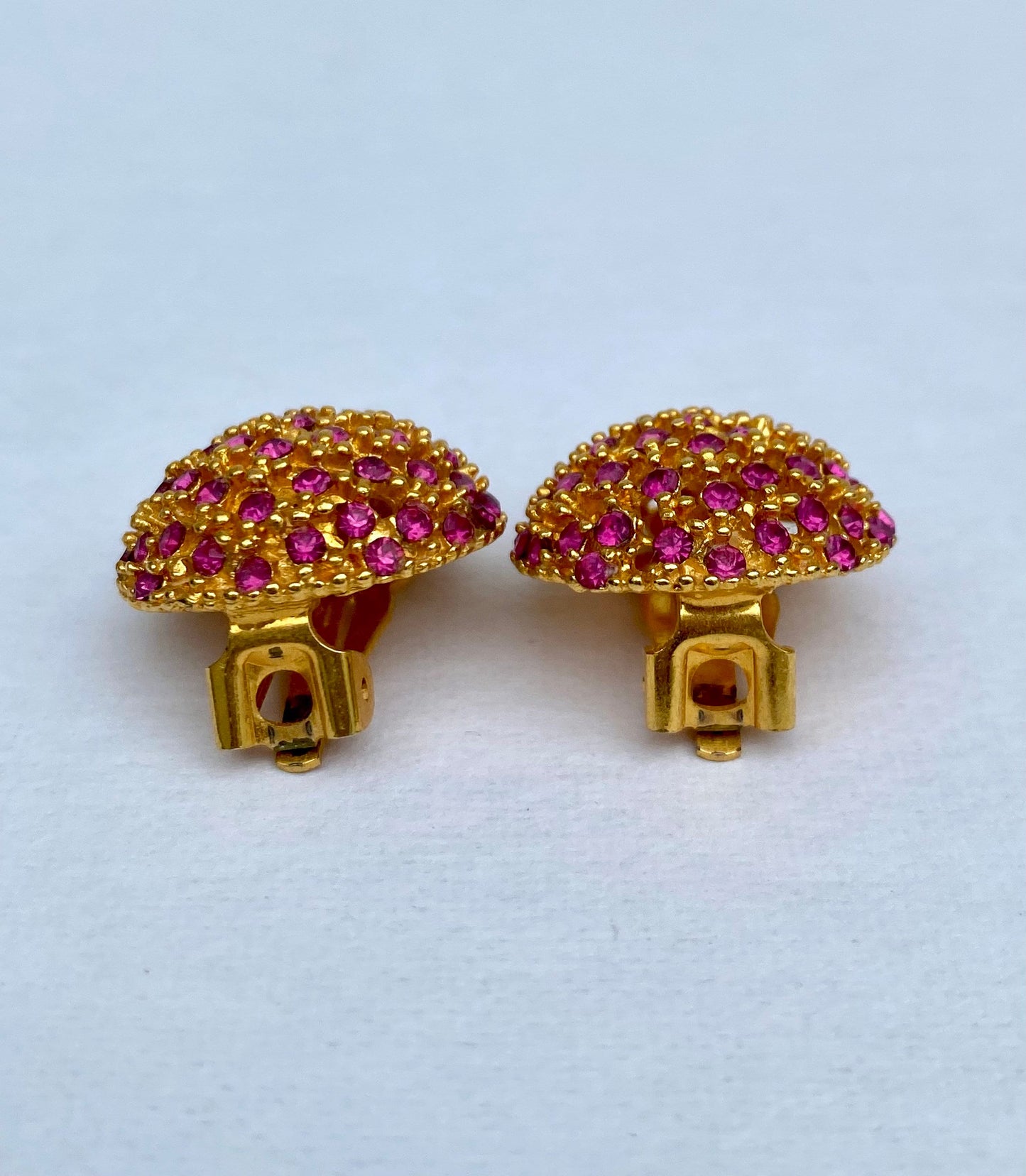 Vintage Pink Jeweled Yellow Gold Tone Earrings