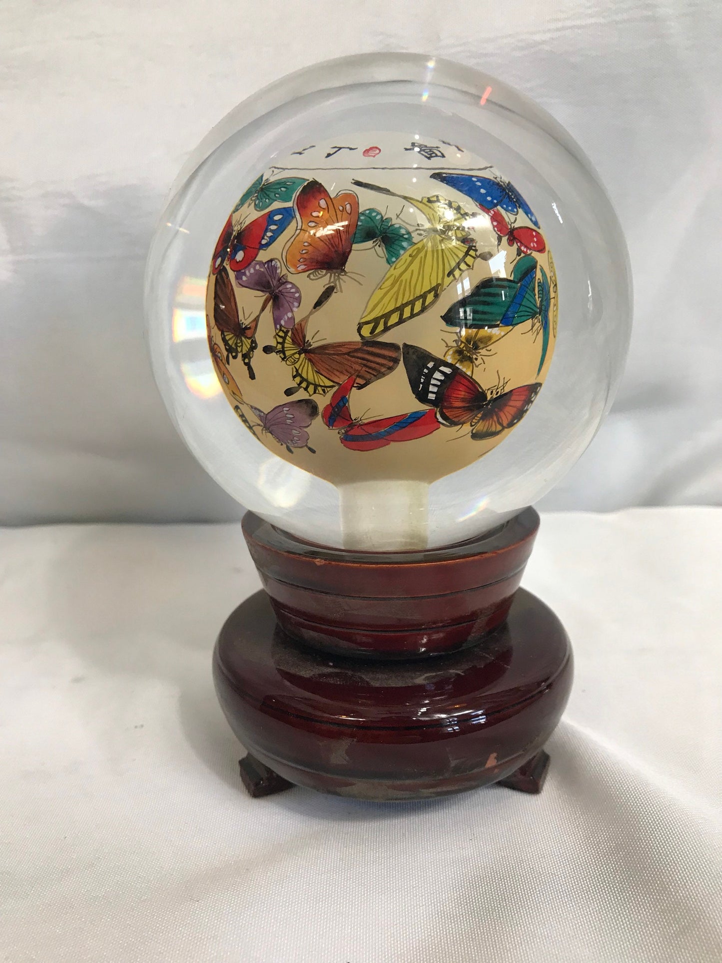 Vintage Chinese Butterfly Glass Globe on Wooden Base | Home Decor