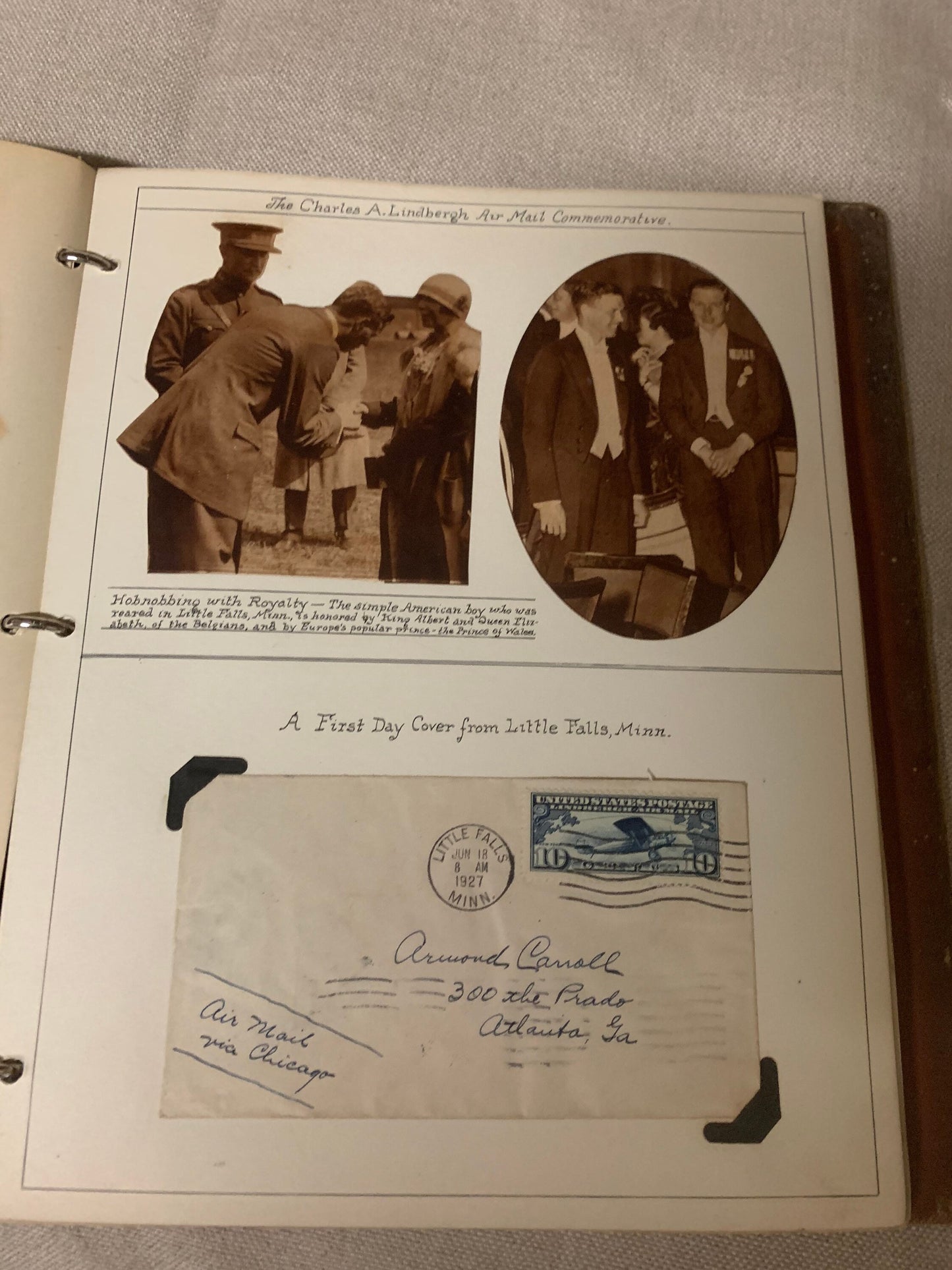 Amazing Charles A. Lindbergh Air Mail Commemorative Scrap book. Featuring many stamps and first day covers with handwritten maps and clips.