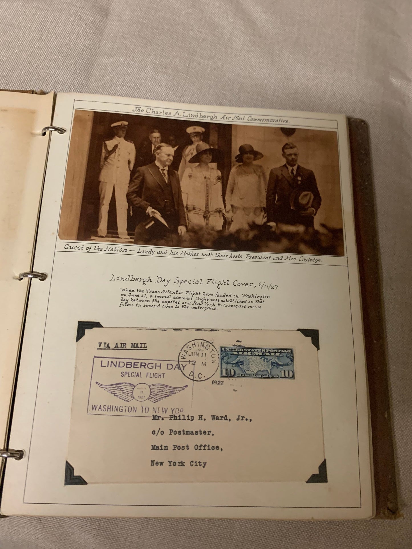 Amazing Charles A. Lindbergh Air Mail Commemorative Scrap book. Featuring many stamps and first day covers with handwritten maps and clips.