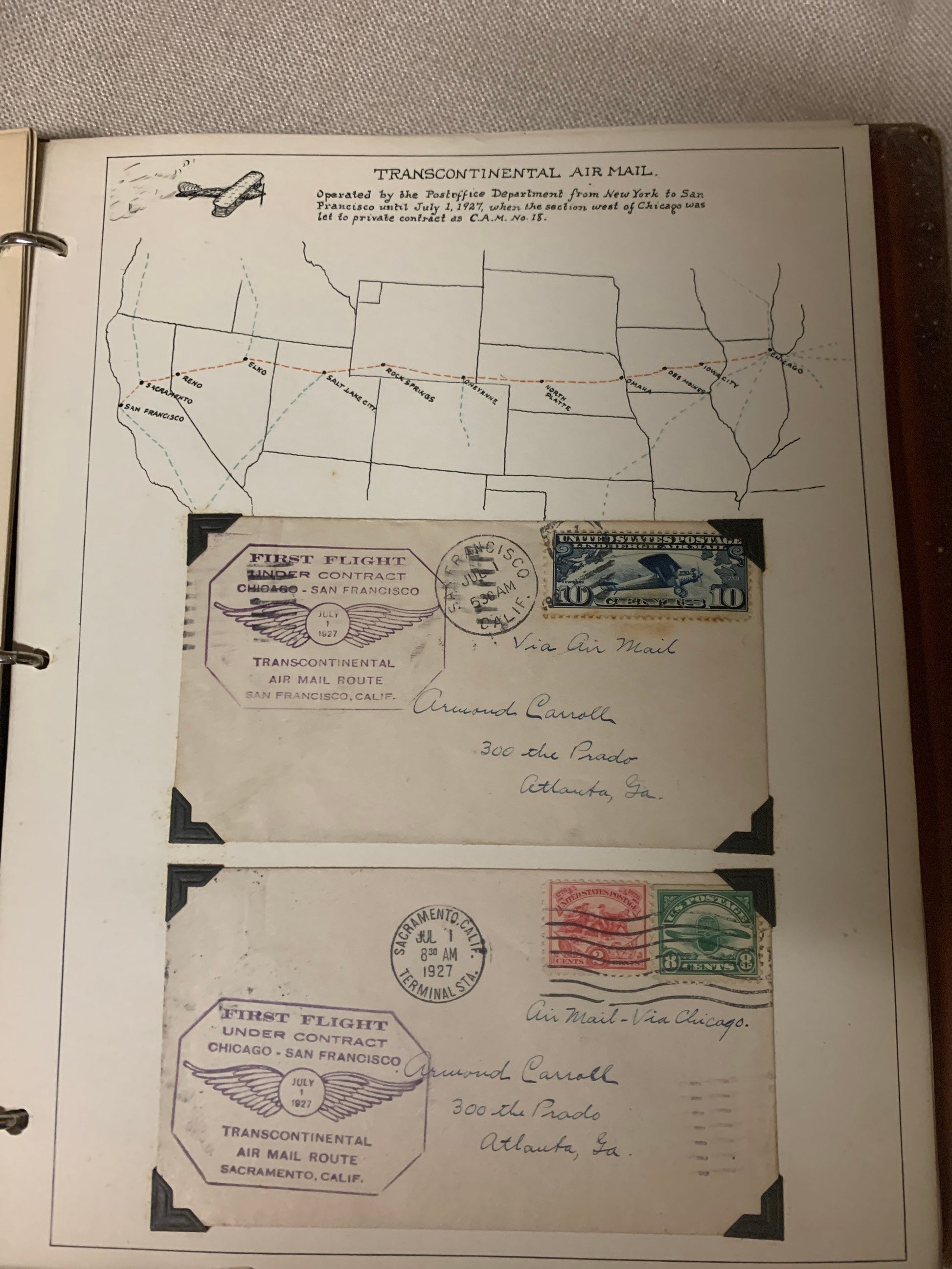 Amazing Charles A. Lindbergh Air Mail Commemorative Scrap book. Featuring many stamps and first day covers with handwritten maps and clips.