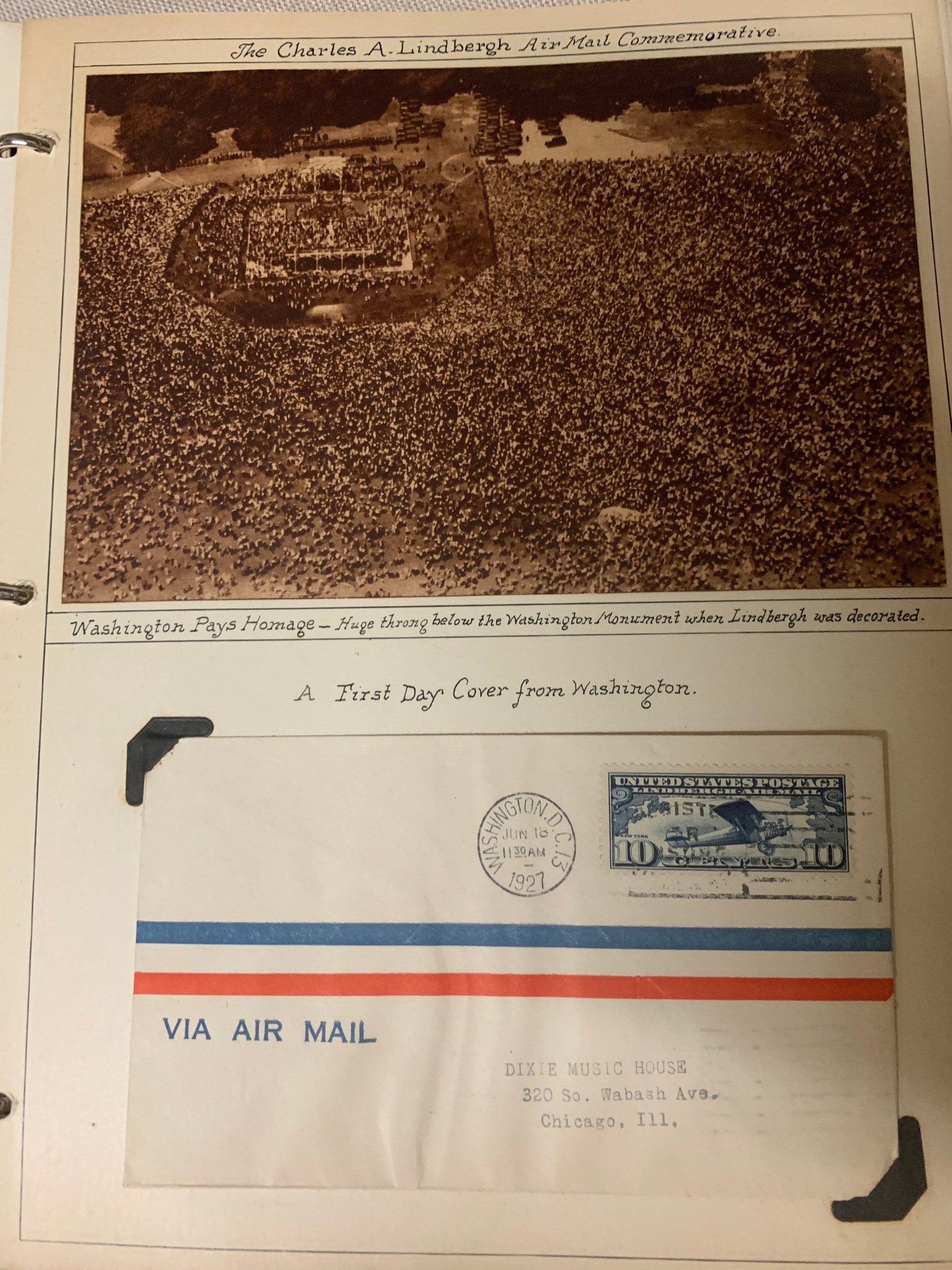 Amazing Charles A. Lindbergh Air Mail Commemorative Scrap book. Featuring many stamps and first day covers with handwritten maps and clips.